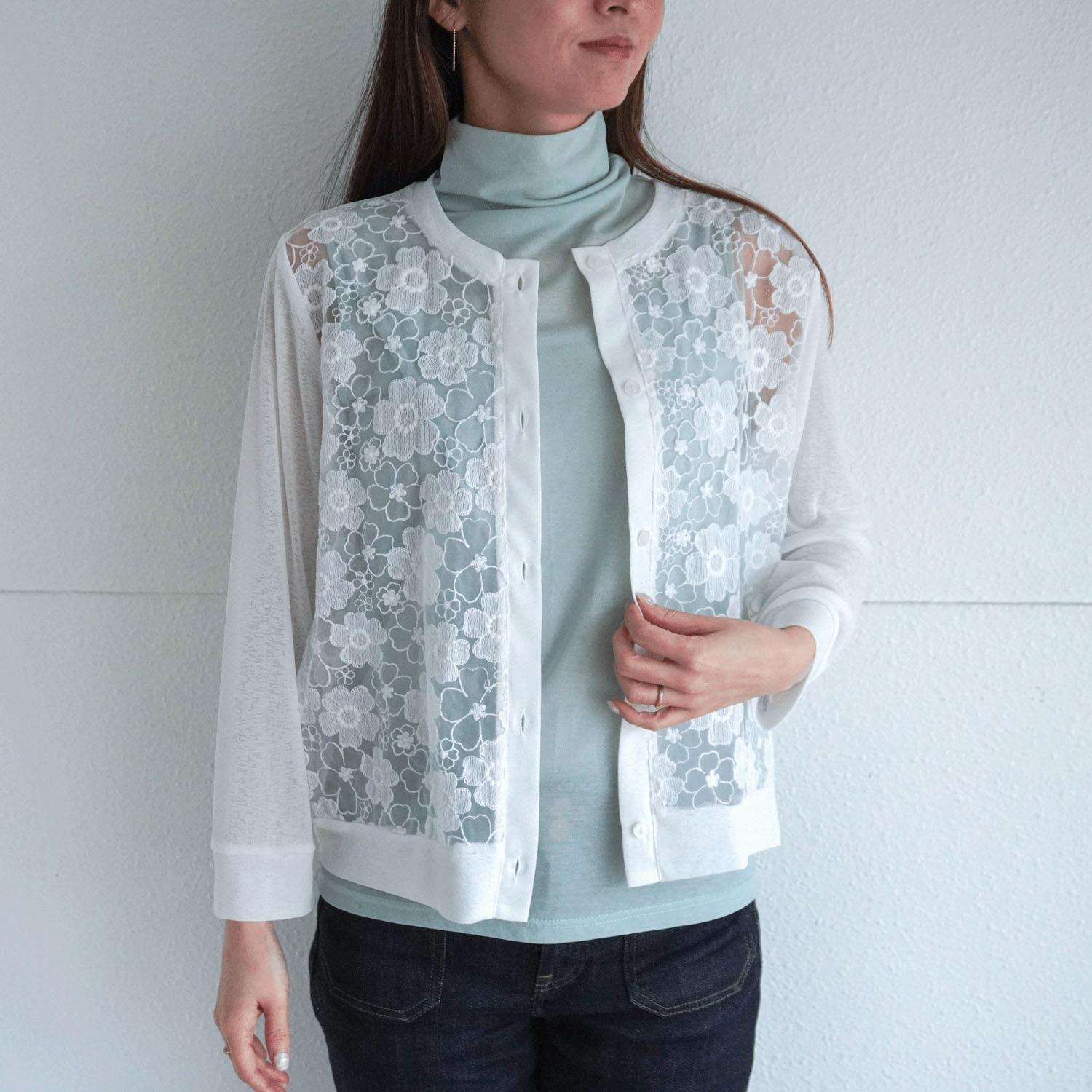 梨地×オーガンジー刺繍カーディガン