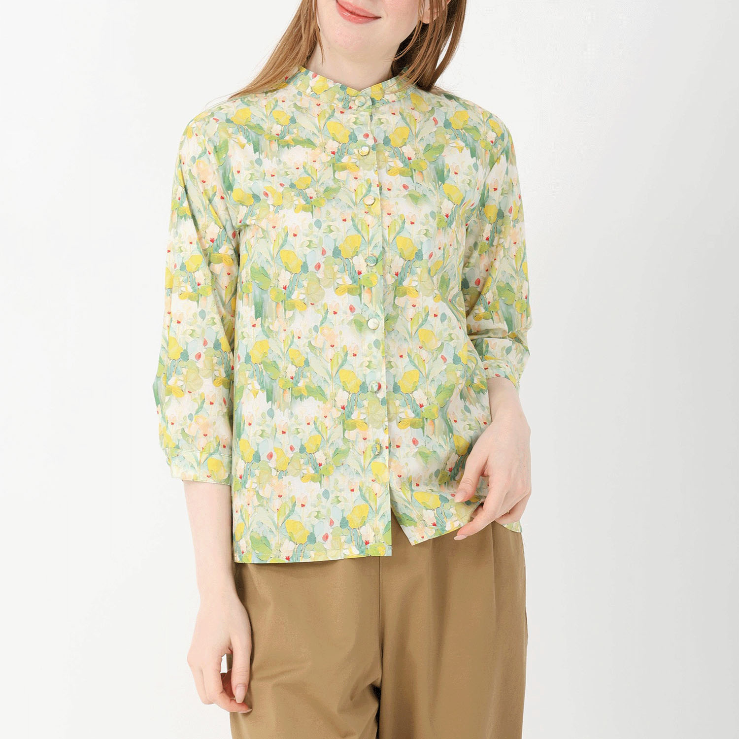 T’BIS STUDIO 7分袖水彩花柄スタンドネックシャツ - 画像11