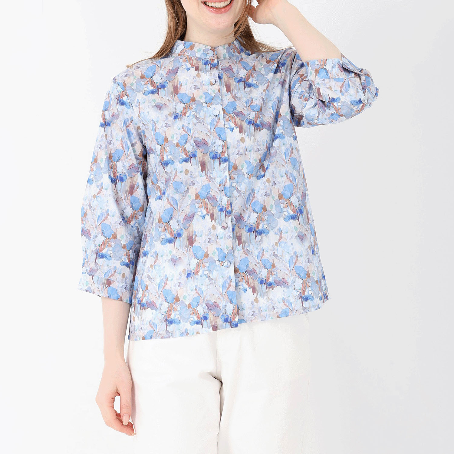 T’BIS STUDIO 7分袖水彩花柄スタンドネックシャツ - 画像15