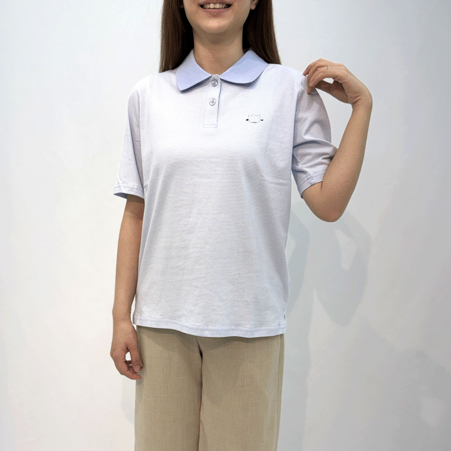 T’BIS STUDIO 冷感キラキラ首輪ネコワンポイント天竺ボーダー半袖ポロシャツ