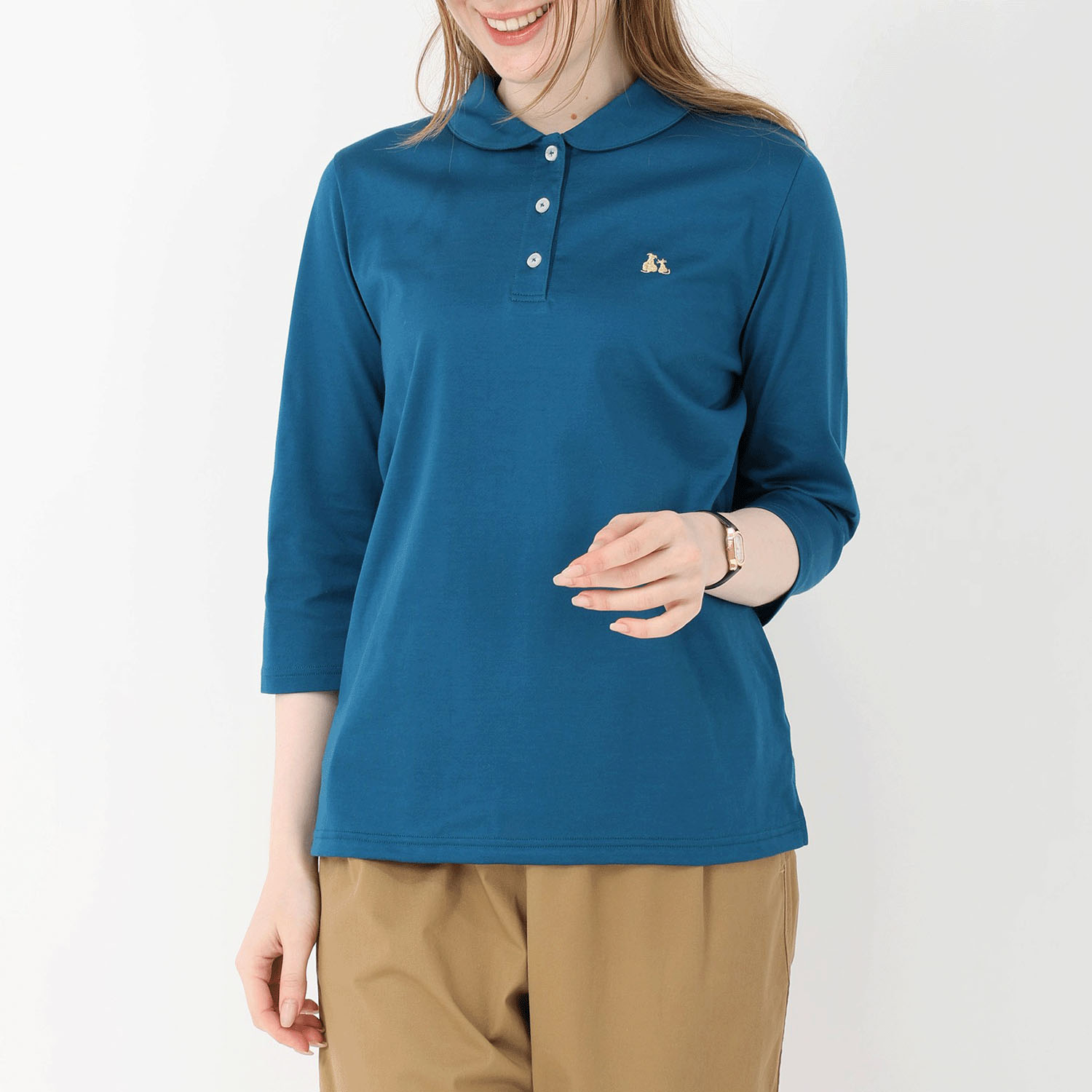 T’BIS STUDIO シルケット天竺丸襟七分袖ポロシャツ