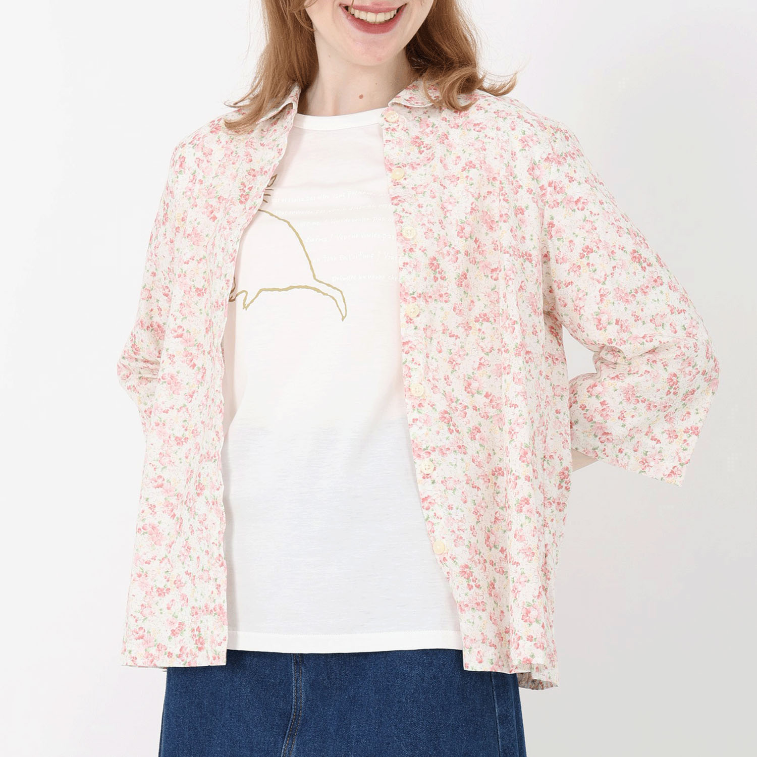 【新ブランド】T’BIS STUDIO 七分袖水彩花柄シャツ