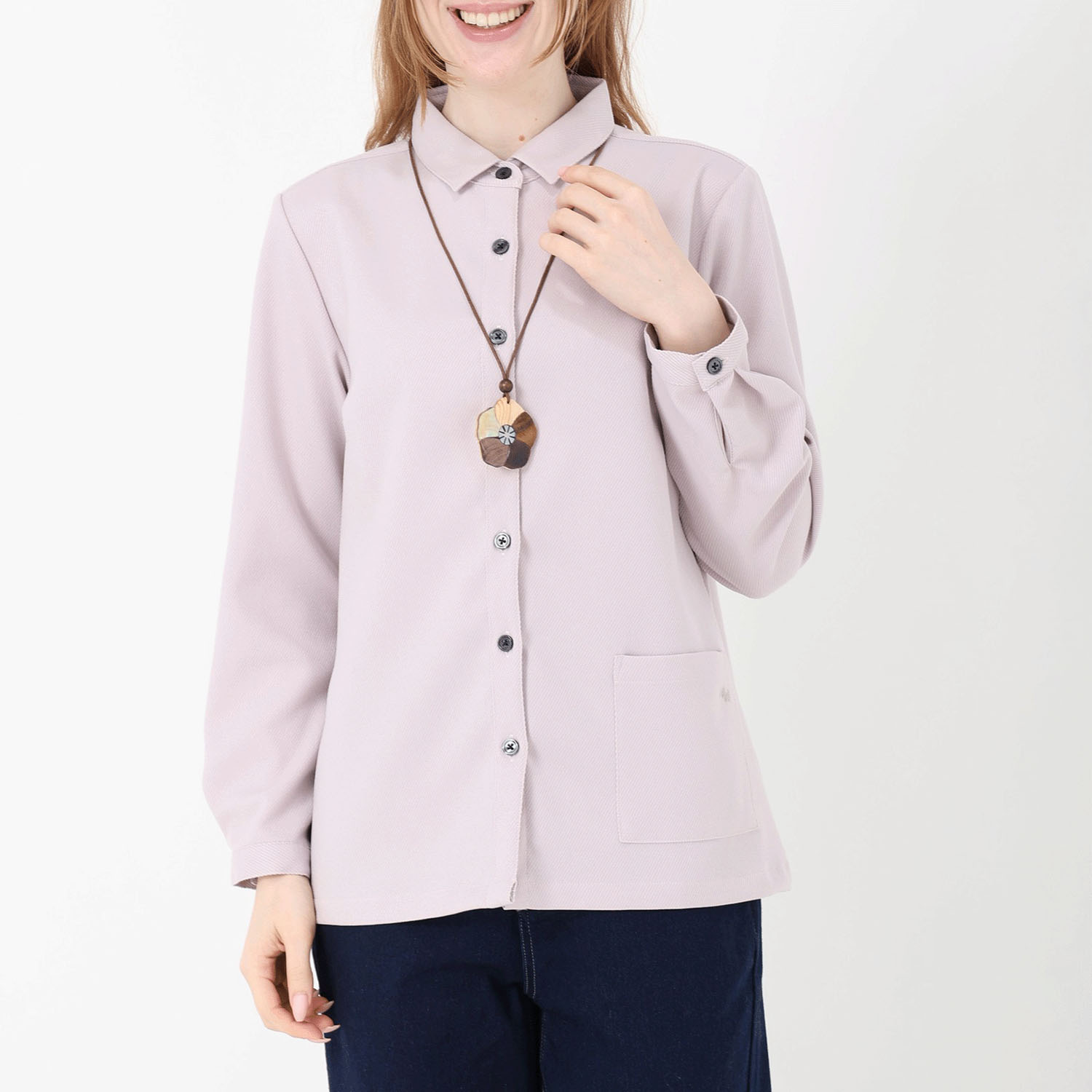 T’BIS STUDIO 長袖ウールライクテリア刺繍ポケット付きシャツ