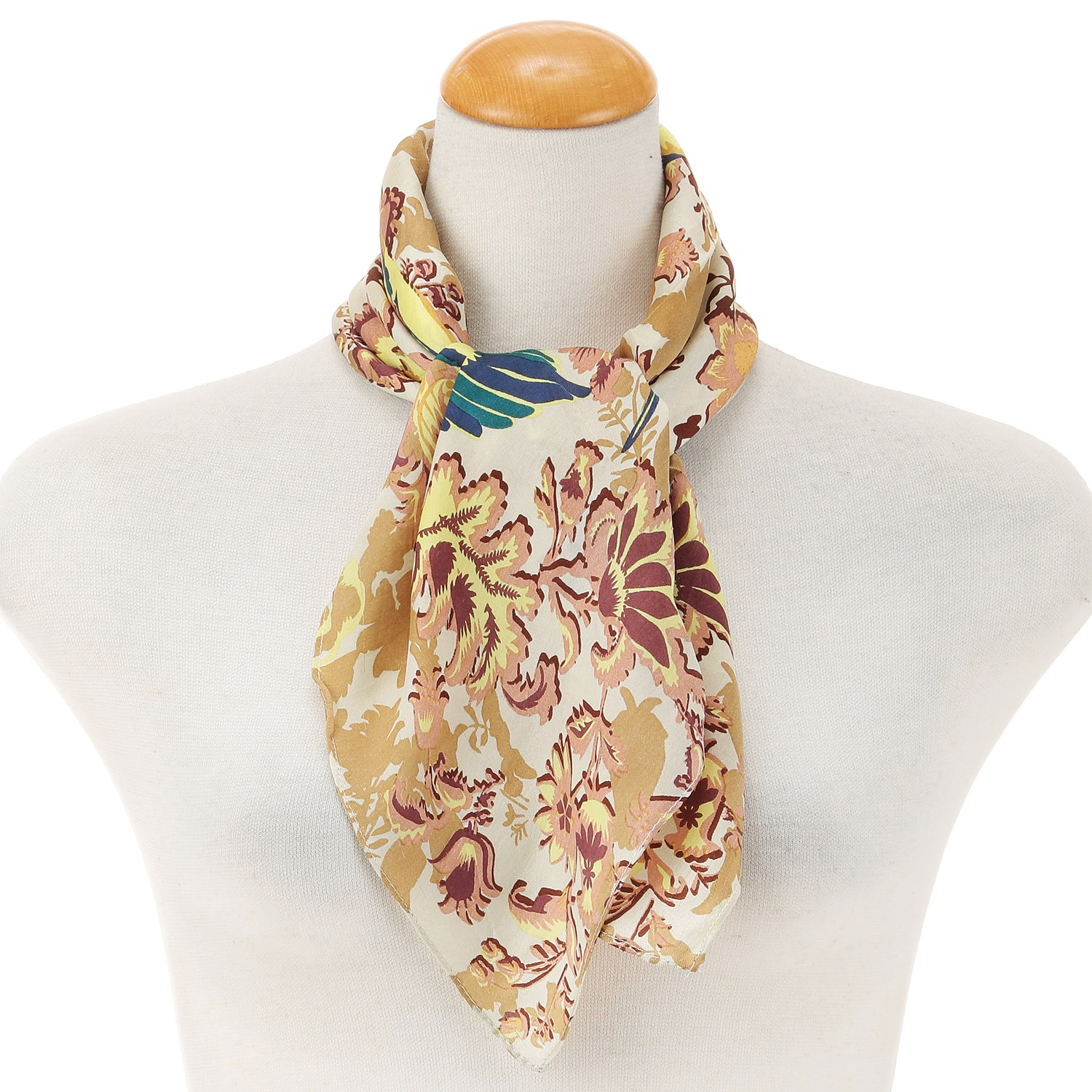 インド製 花鳥柄シルクスカーフ