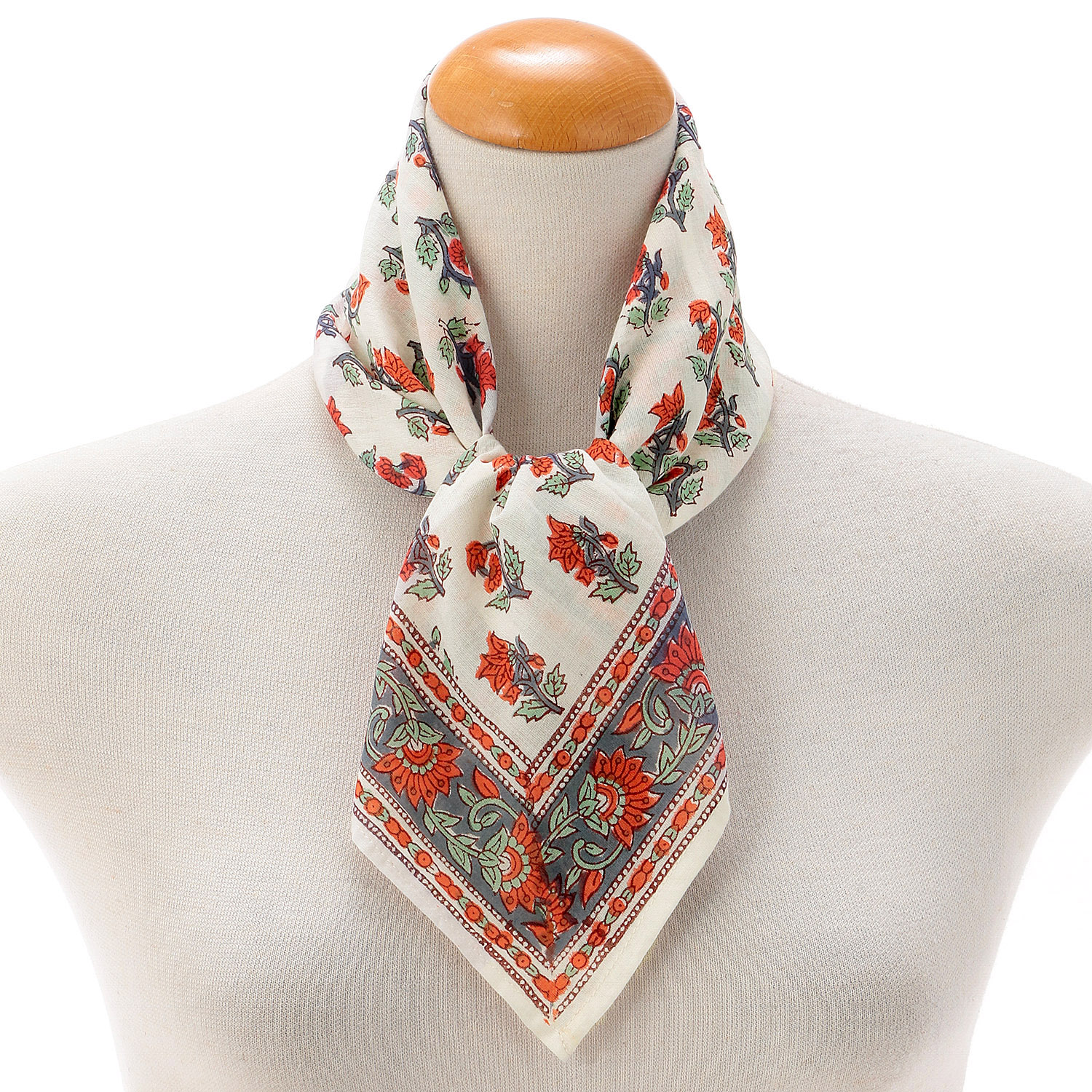 インド製 ブロックプリントフラワーハンカチスカーフ 50×50 - 画像1