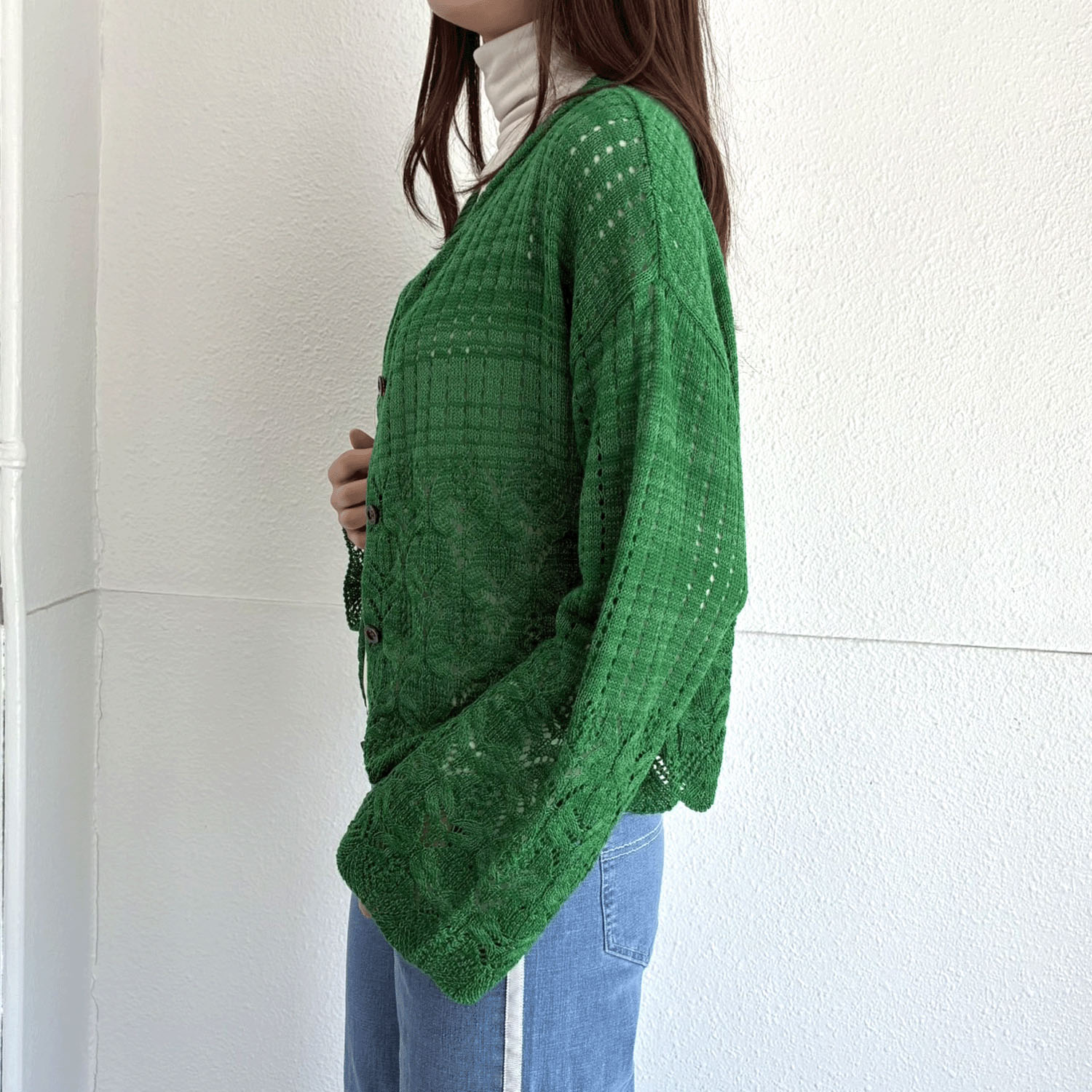 透かし柄丸首カーディガン - 画像3