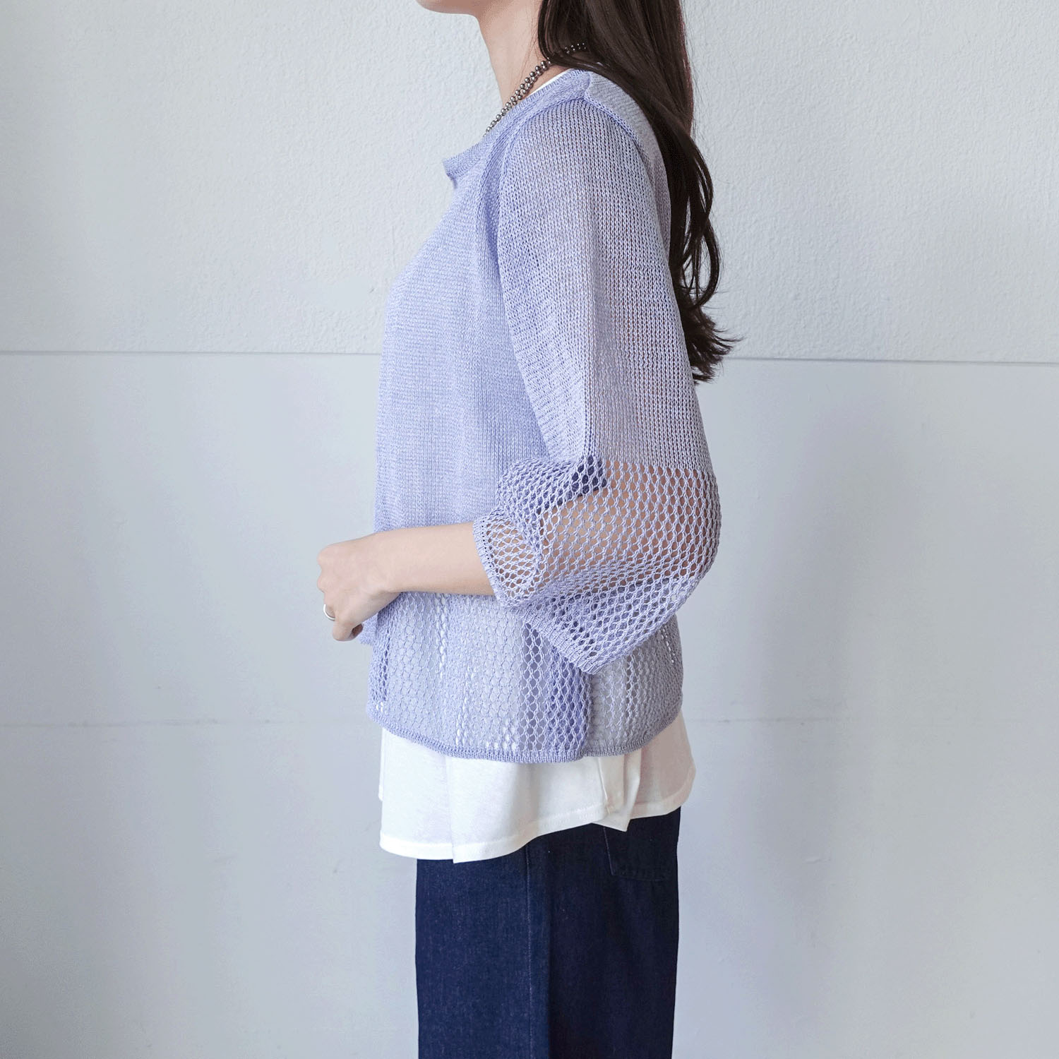 抄繊糸透かし編み1釦カーディガン - 画像2