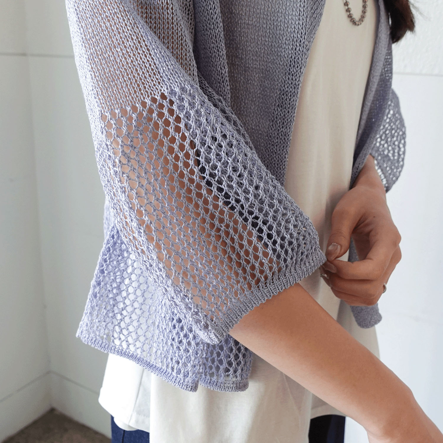 抄繊糸透かし編み1釦カーディガン - 画像5