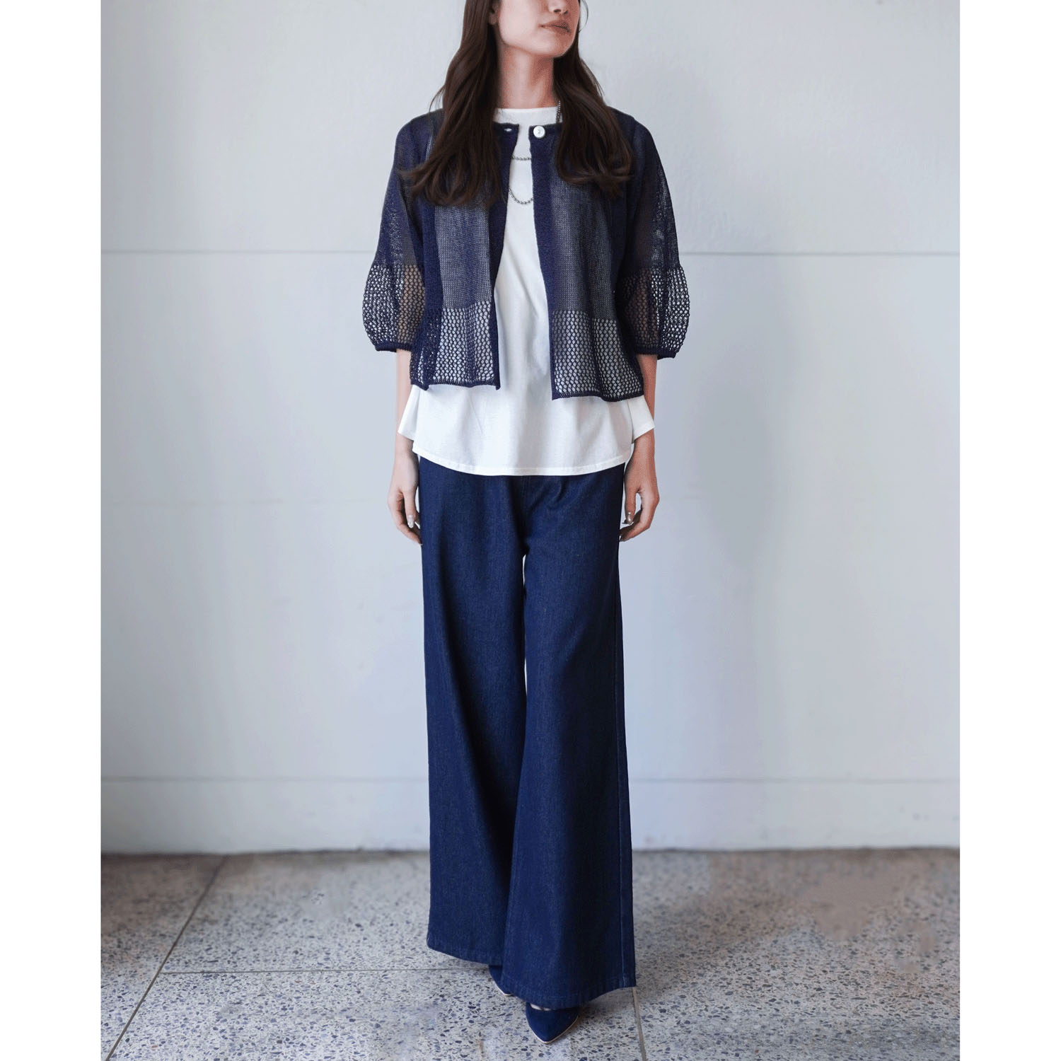 抄繊糸透かし編み1釦カーディガン - 画像8