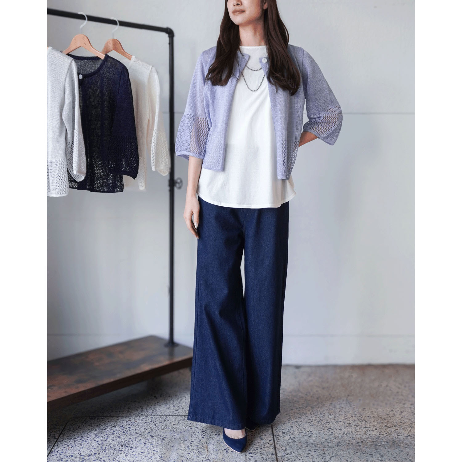 抄繊糸透かし編み1釦カーディガン - 画像10