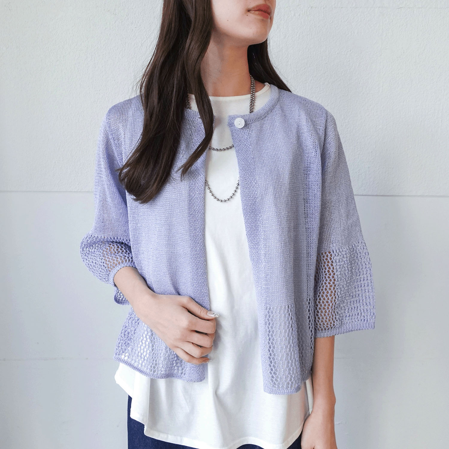 抄繊糸透かし編み1釦カーディガン - 画像1