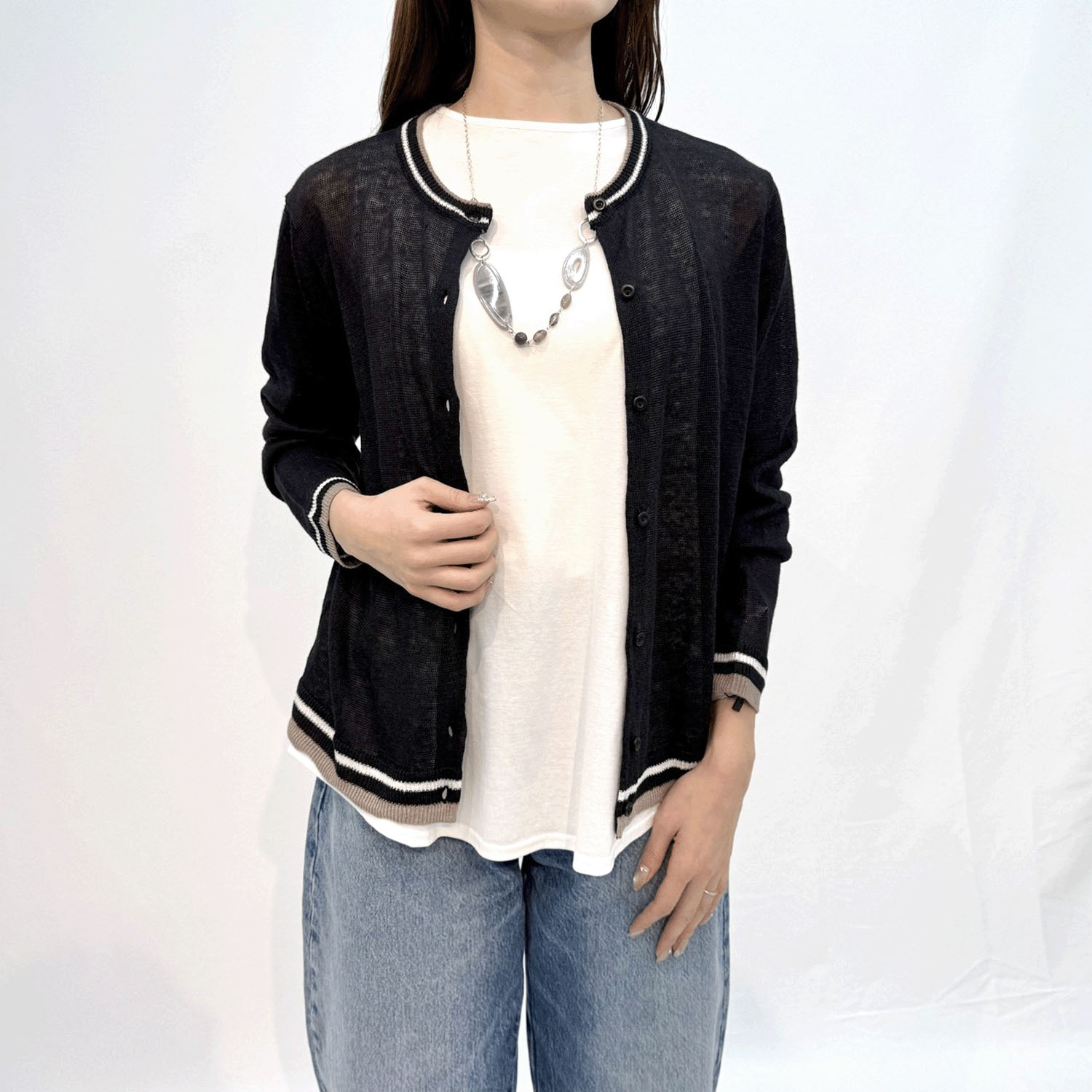 麻100％3配色カーディガン - 画像7