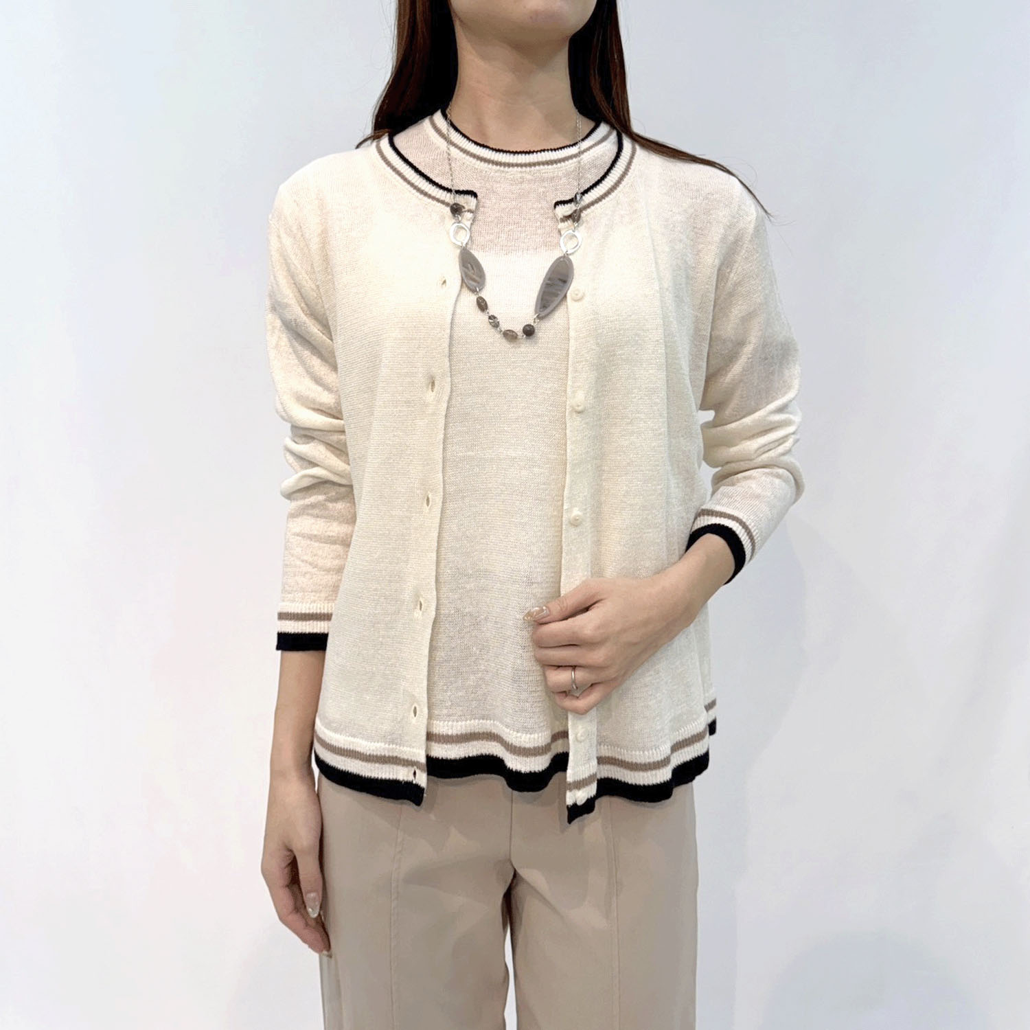 麻100％3配色カーディガン - 画像9