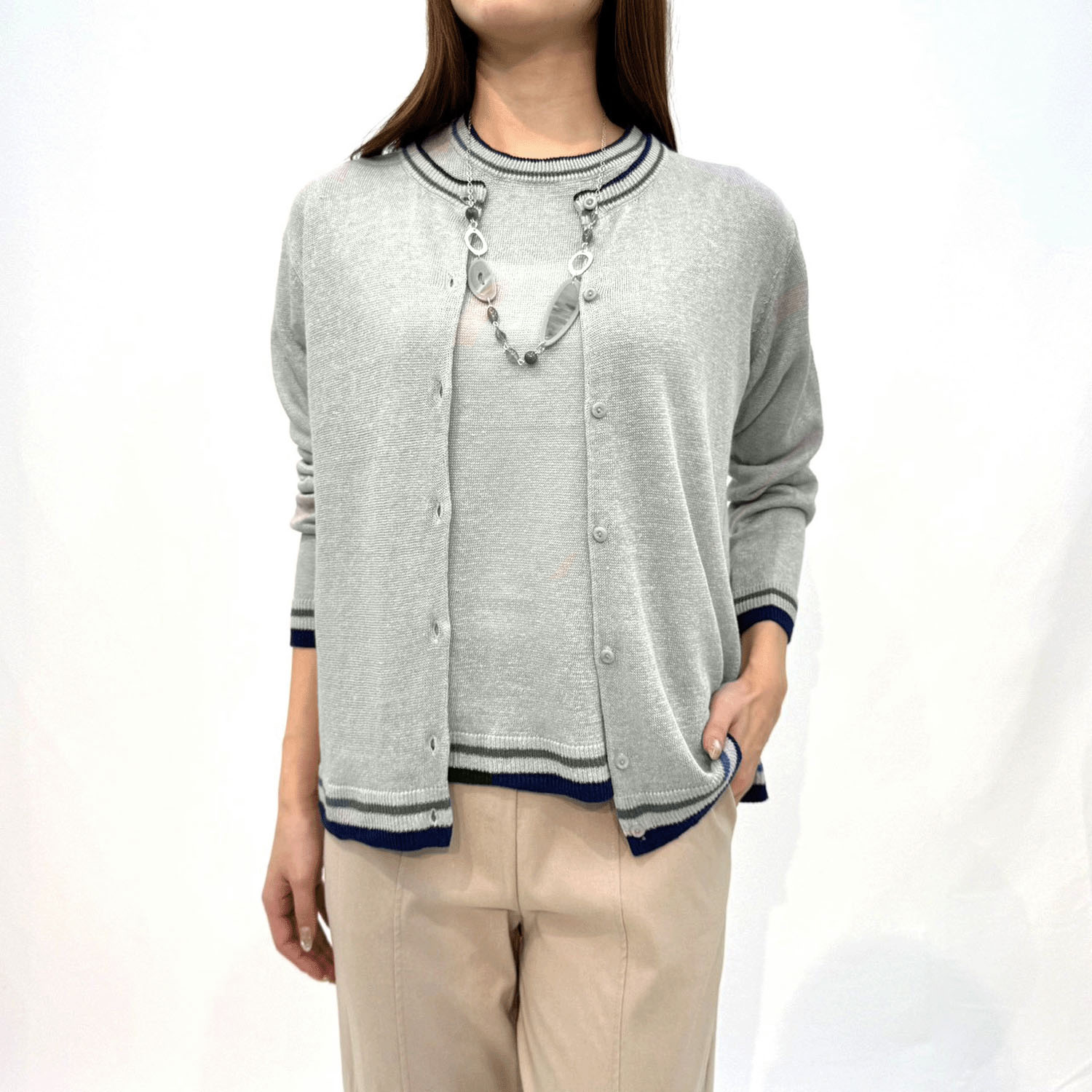 麻100％3配色カーディガン - 画像1