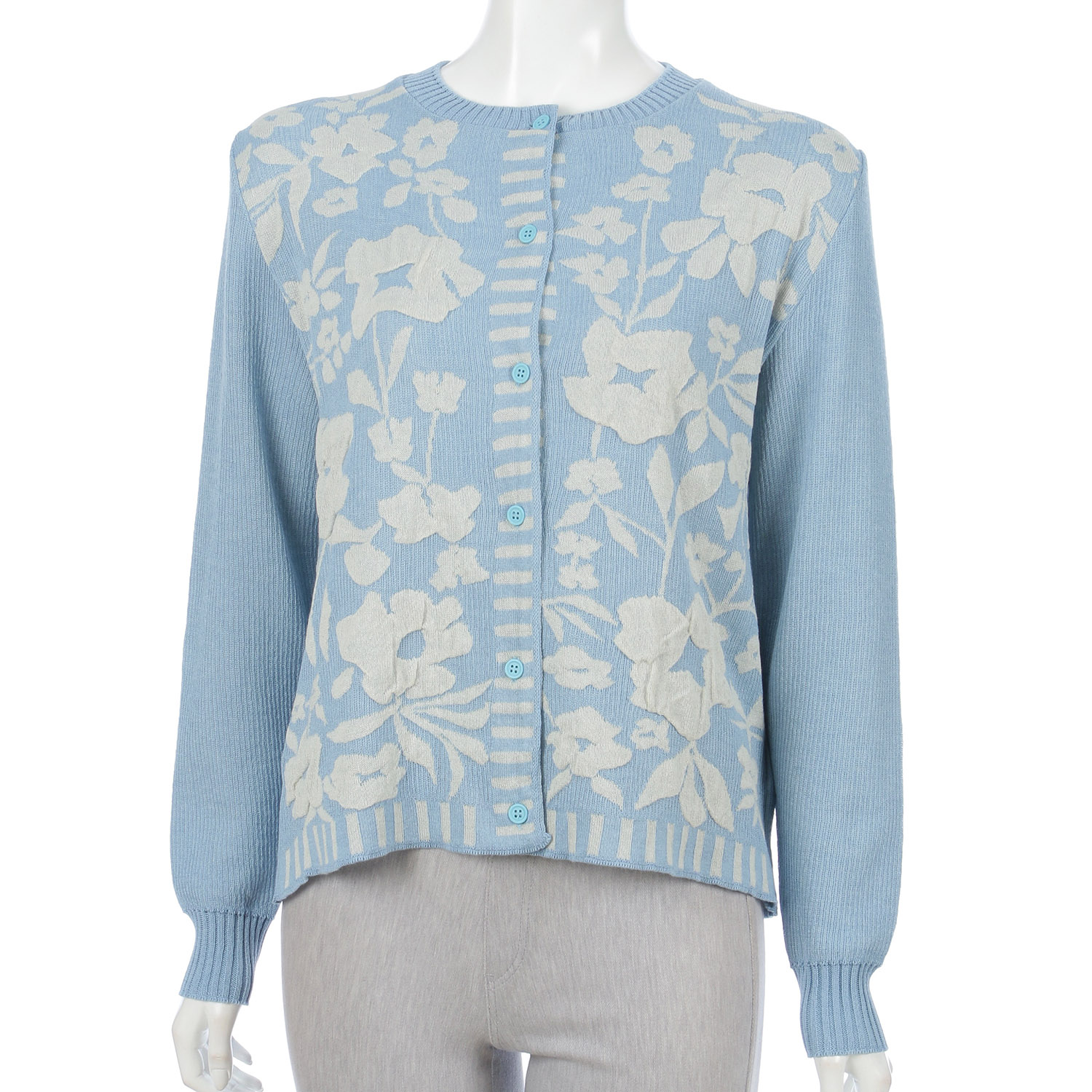 花柄膨れジャガード丸首カーディガン - 画像7