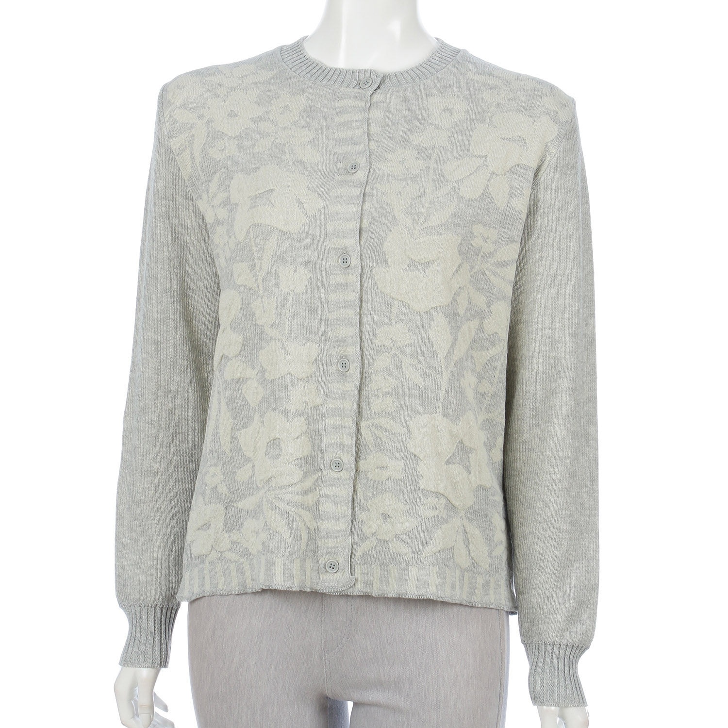 花柄膨れジャガード丸首カーディガン