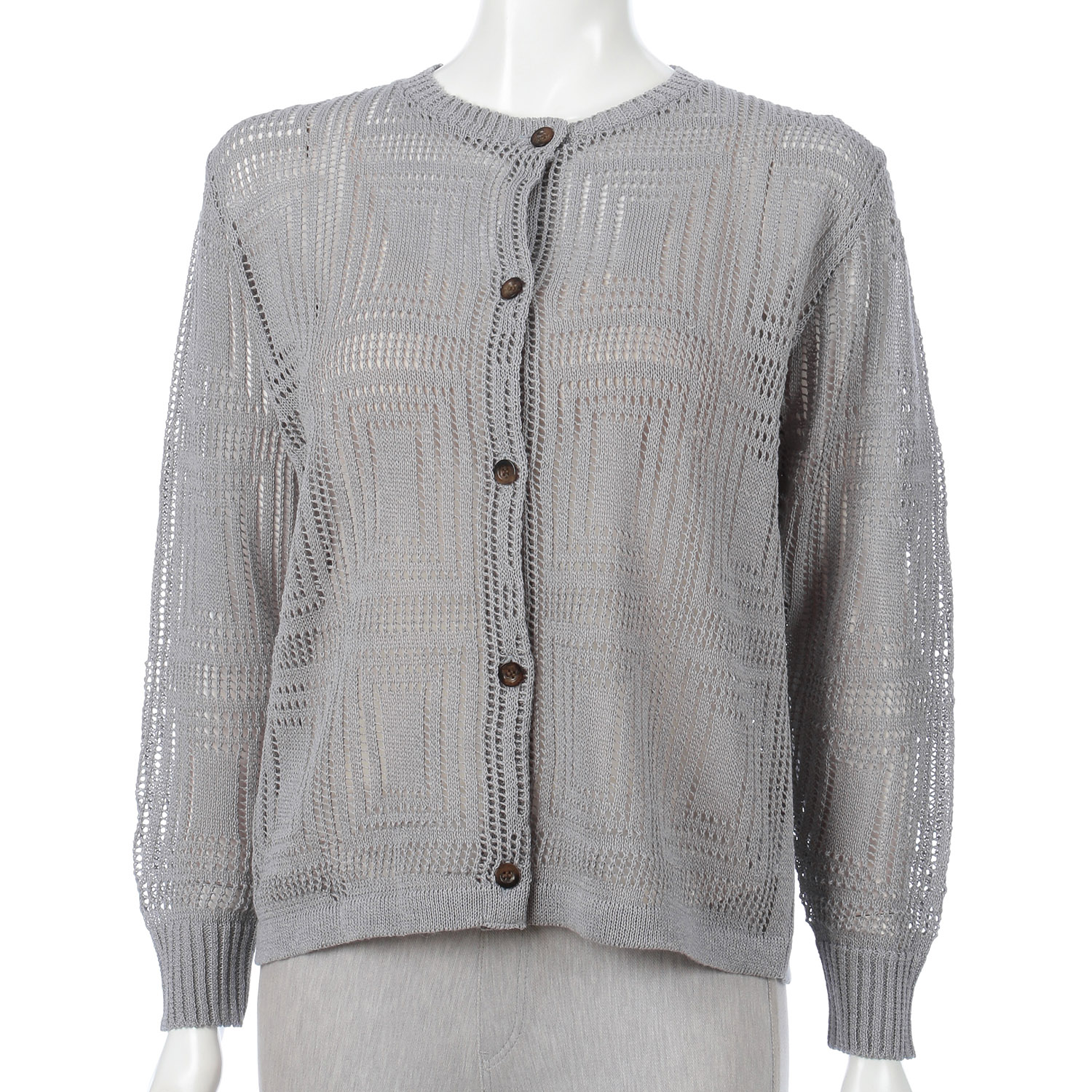 幾何学柄透かし編み丸首カーディガン - 画像1