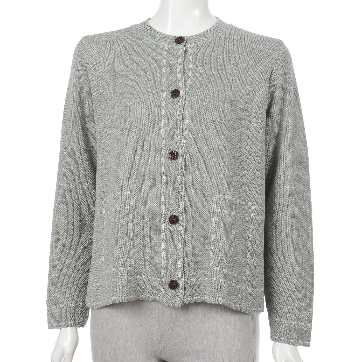 ジャガードステッチポケット柄丸首カーディガン - 画像1