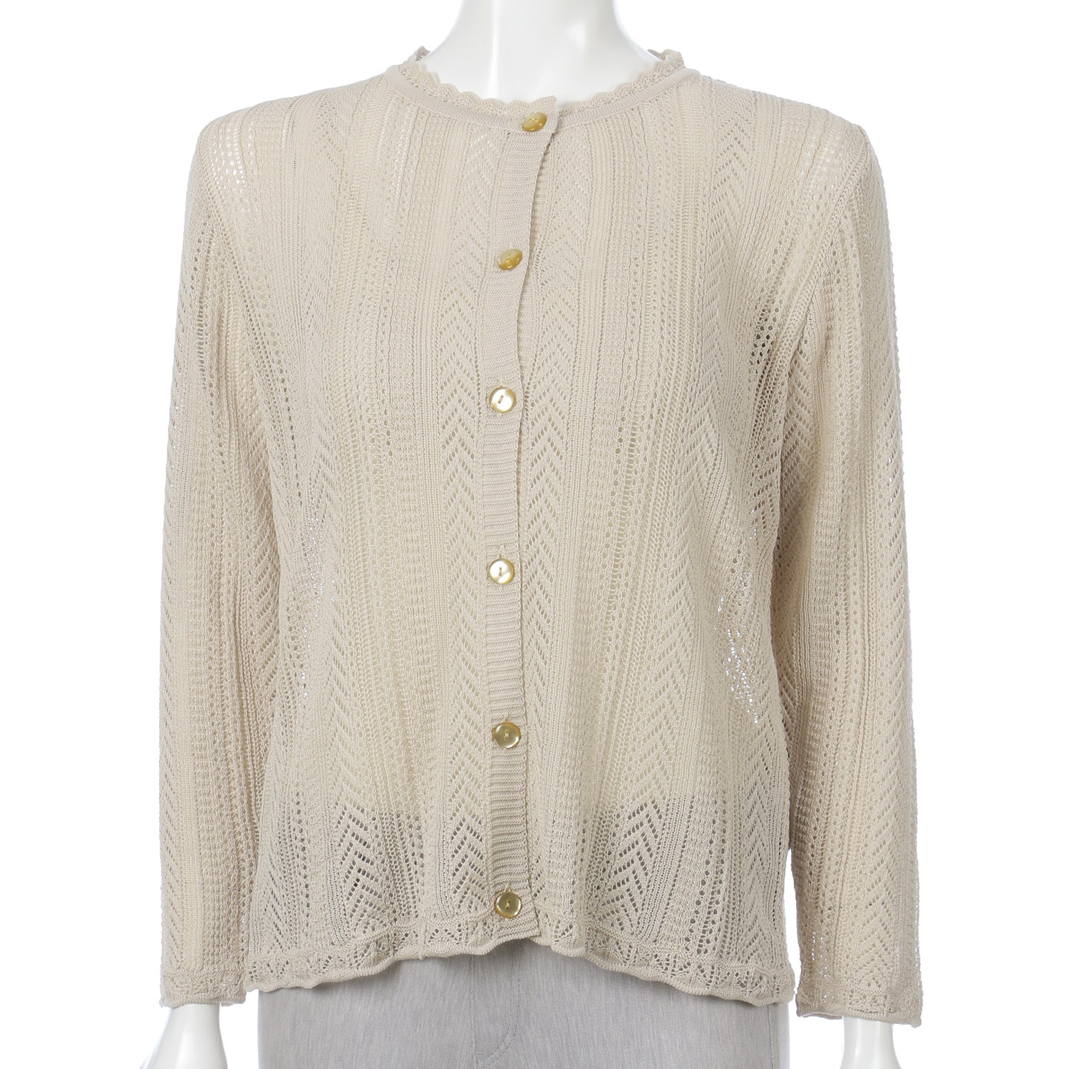 縦柄透かし丸首カーディガン - 画像3