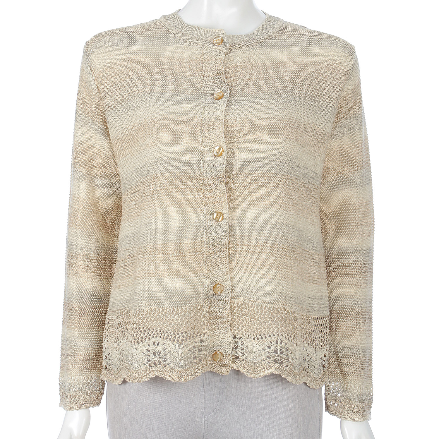 裾柄絣丸首カーディガン