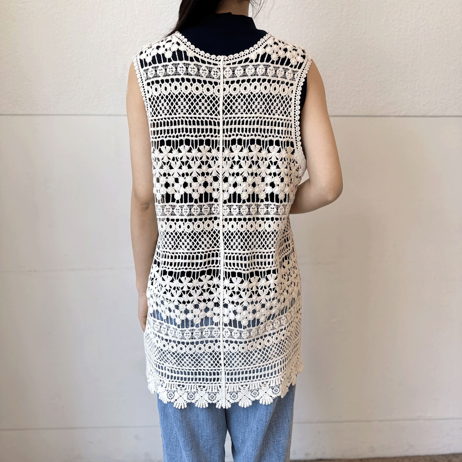かぎ針編みレースロングベスト - 画像3
