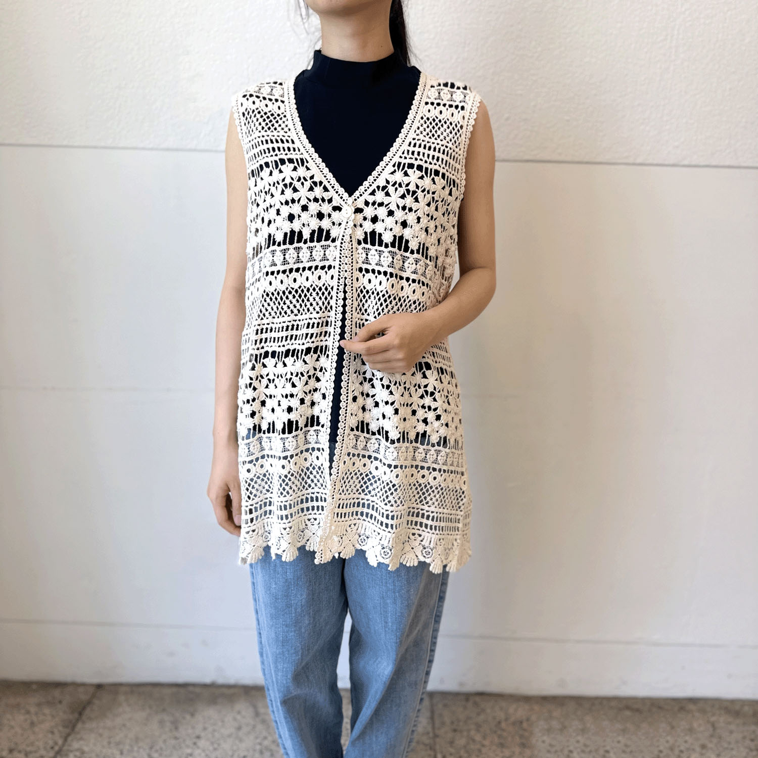 かぎ針編みレースロングベスト - 画像8