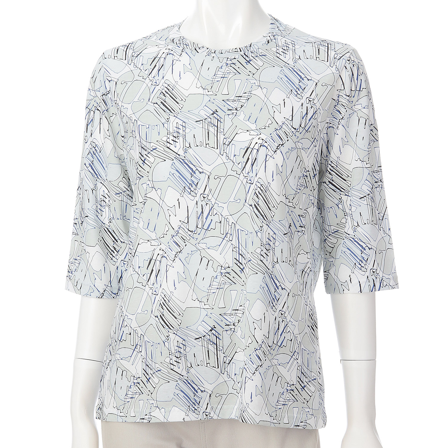 強撚天竺幾何学柄プリントねじり衿5分袖チュニック - 画像2