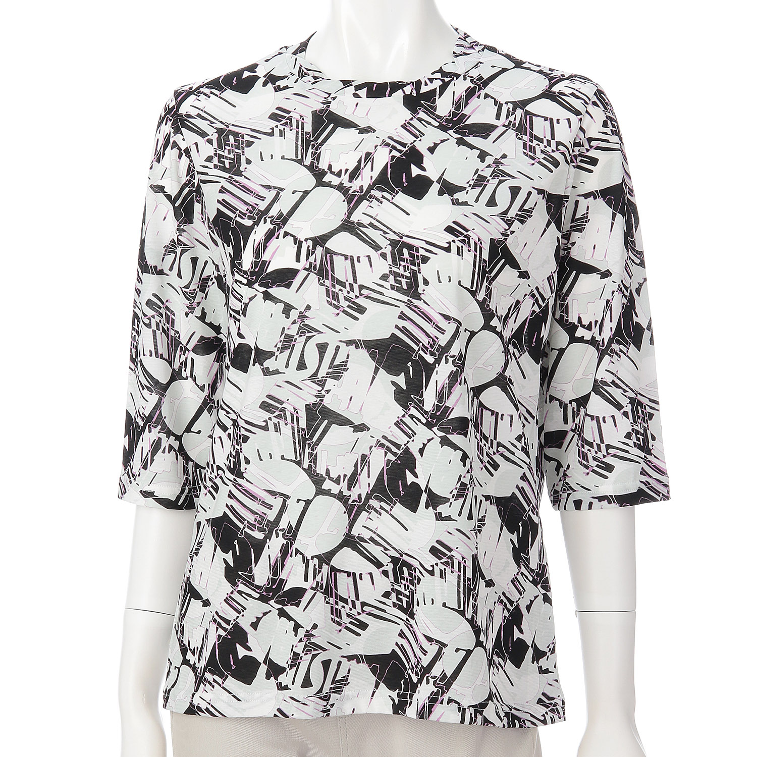 強撚天竺幾何学柄プリントねじり衿5分袖チュニック - 画像3