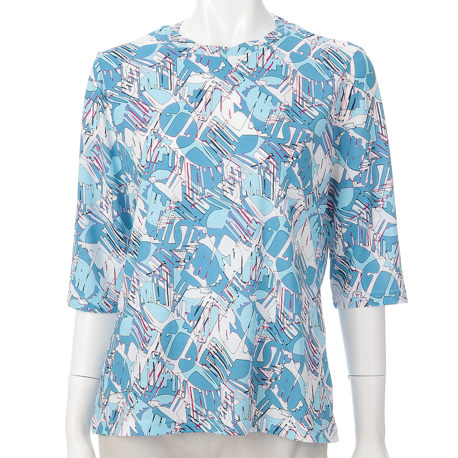 強撚天竺幾何学柄プリントねじり衿5分袖チュニック