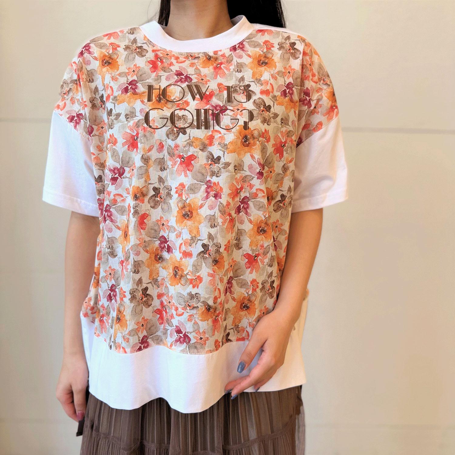 綿天竺×花柄切替ロゴ五分袖プルオーバー