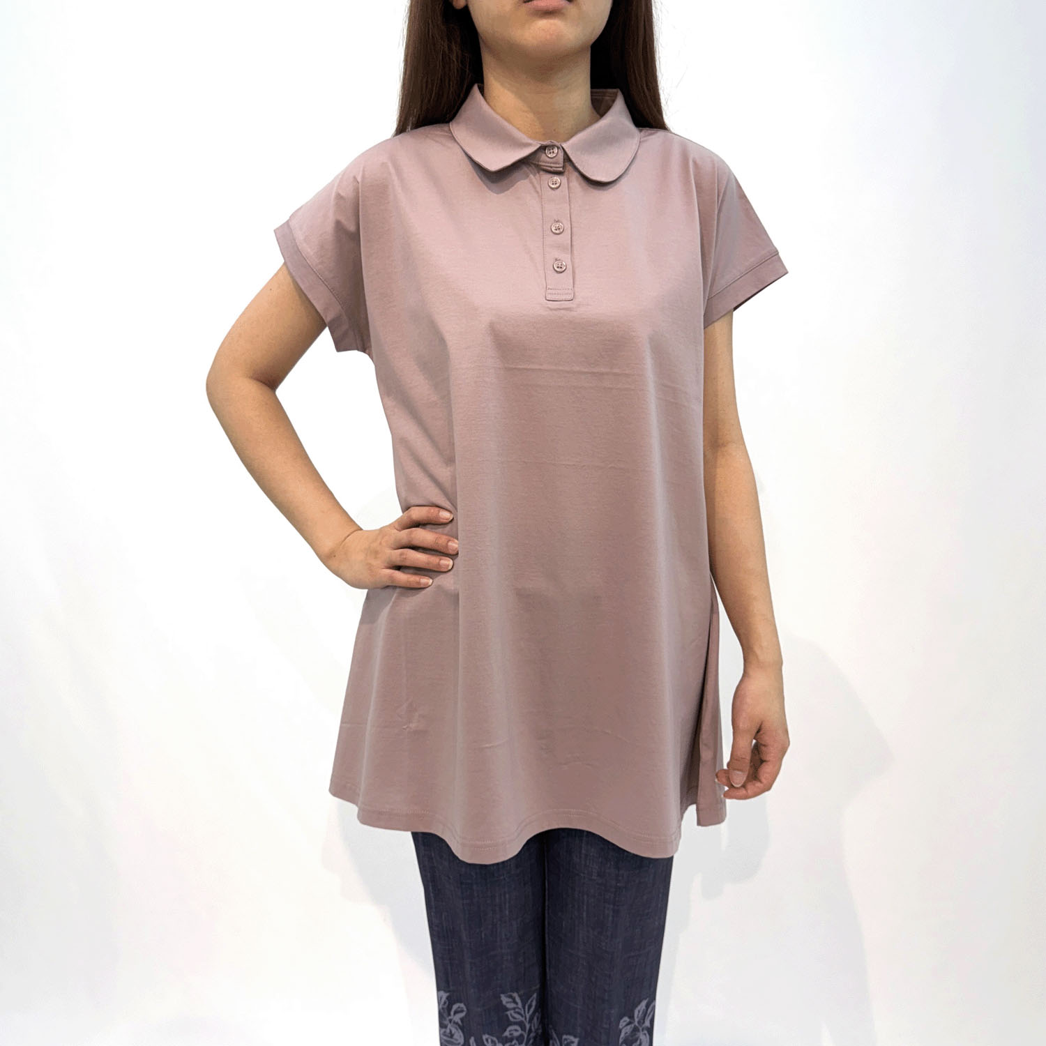 ダブルシルケットコットン100 ポロ衿チュニックTシャツ