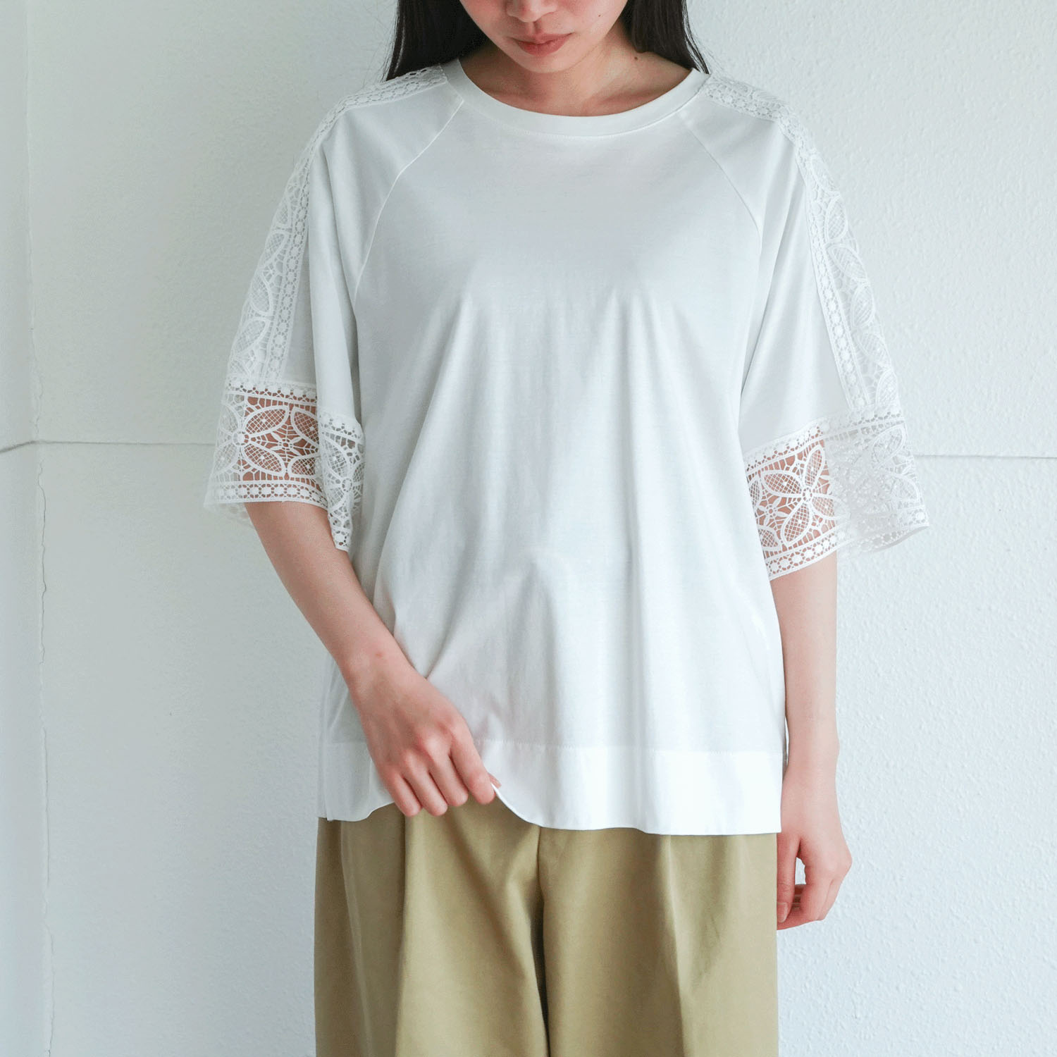 袖レースシルケットスムースチュニック - 画像1