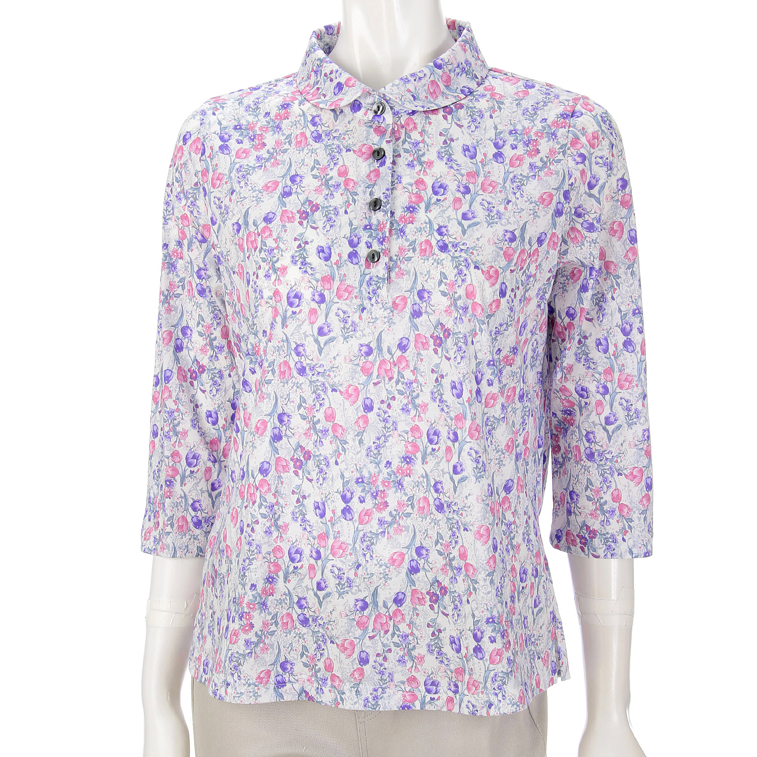 花柄総柄プリント台襟付きポロシャツ