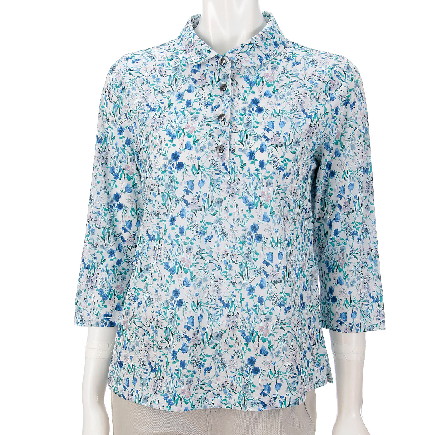 総花柄プリント台襟付きポロシャツ - 画像1