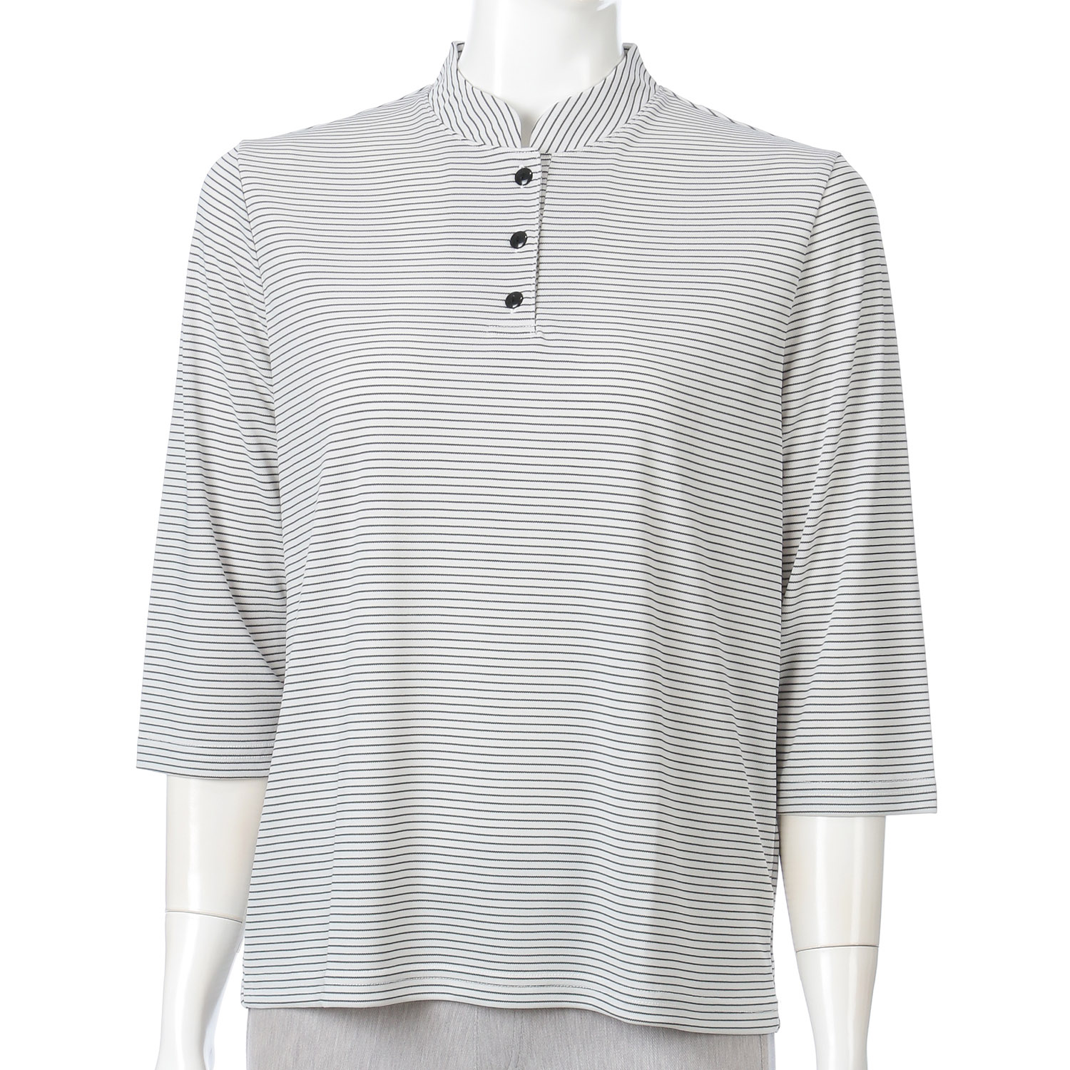 ボタン付きマオカラーボーダープルオーバー - 画像2