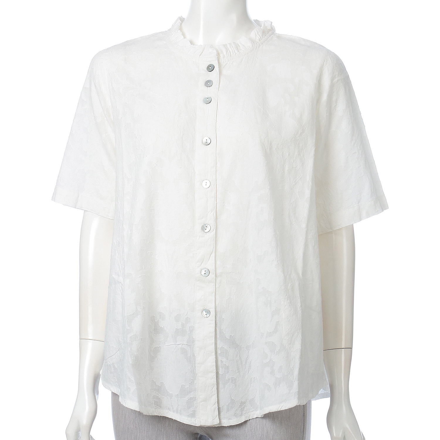 透かしジャガード襟フリルブラウス - 画像1