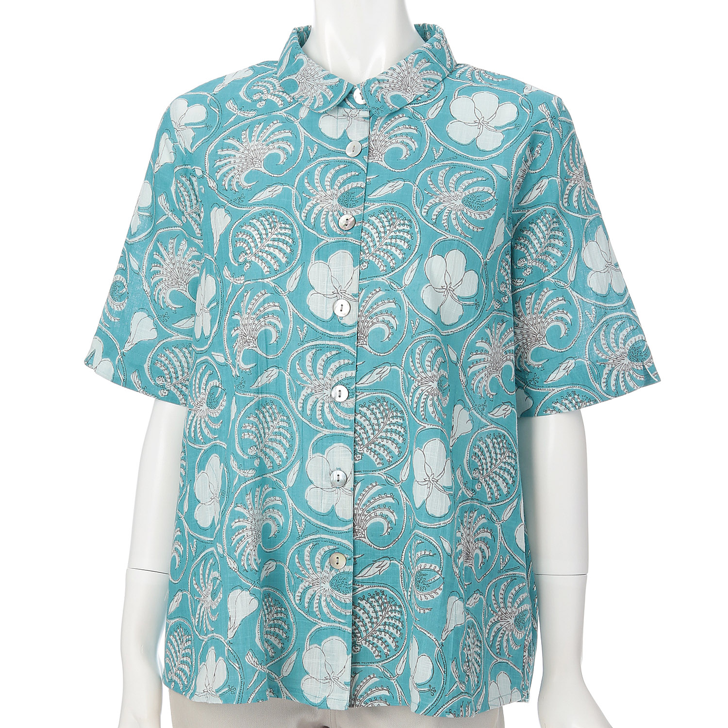 インディゴ フラワープリント五分袖ブラウス - 画像4