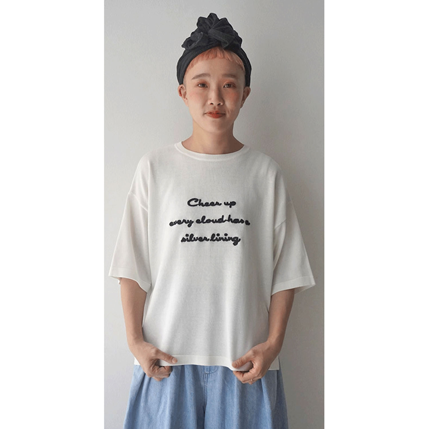 mao made ロゴチェーン刺繍5分袖ニットTEE - 画像1