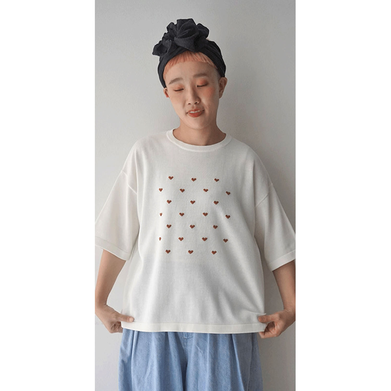 mao made ハート刺繍5分袖ニットTEE - 画像4