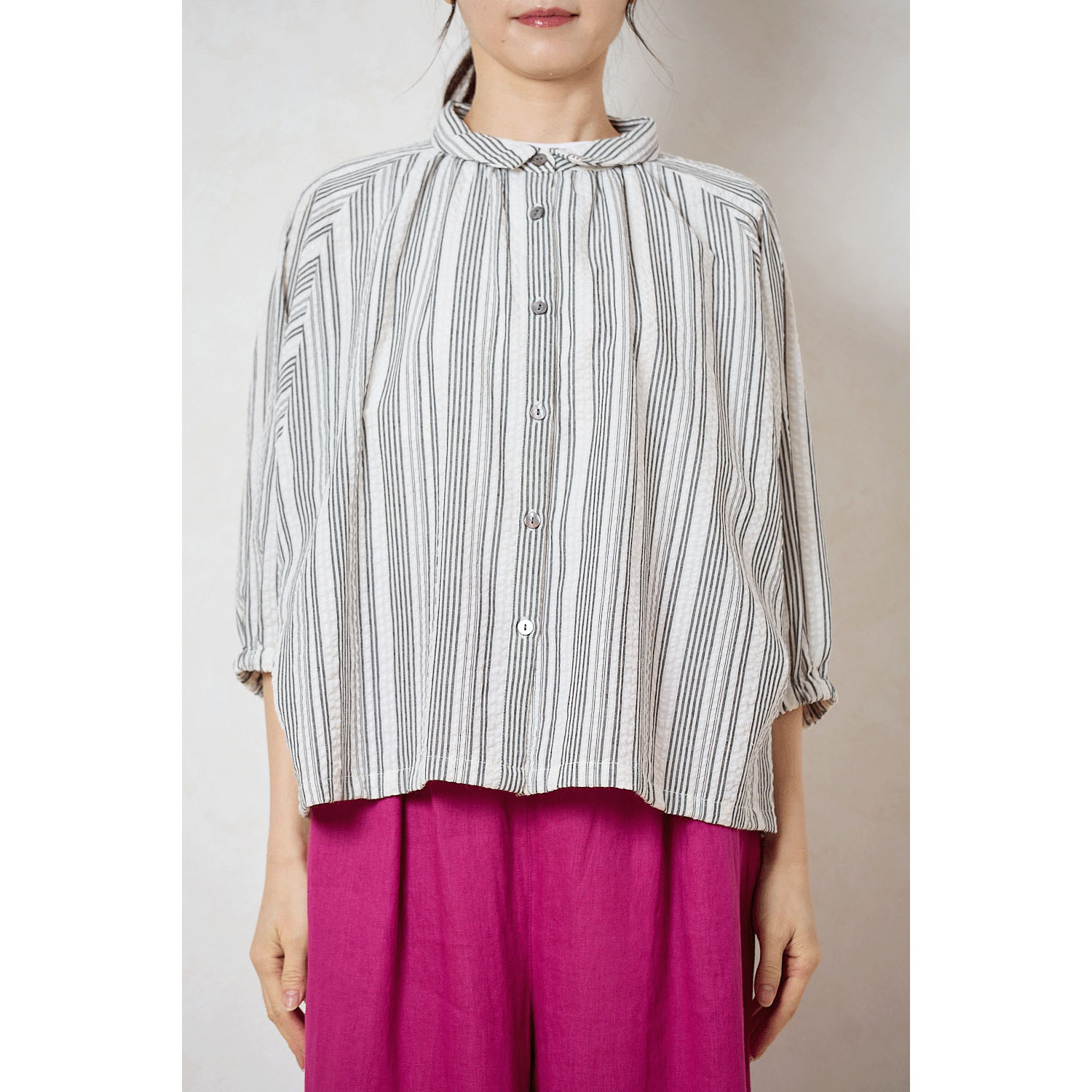 le ciel de demain 綿混ランダムサッカーストライプブラウス - 画像1