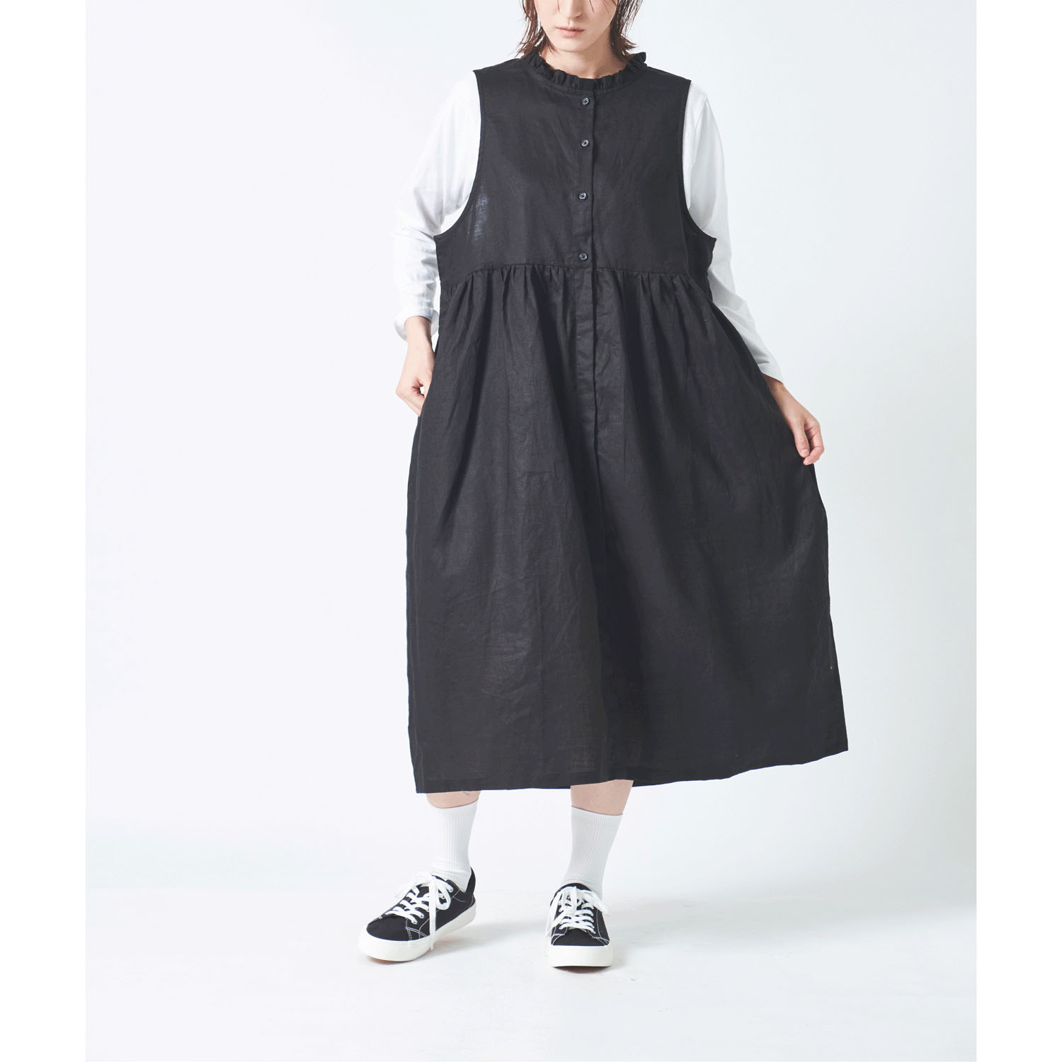 ubasoku 衿フリル途中比翼ウエストギャザー両サイドポケットノースリワンピース - 画像1