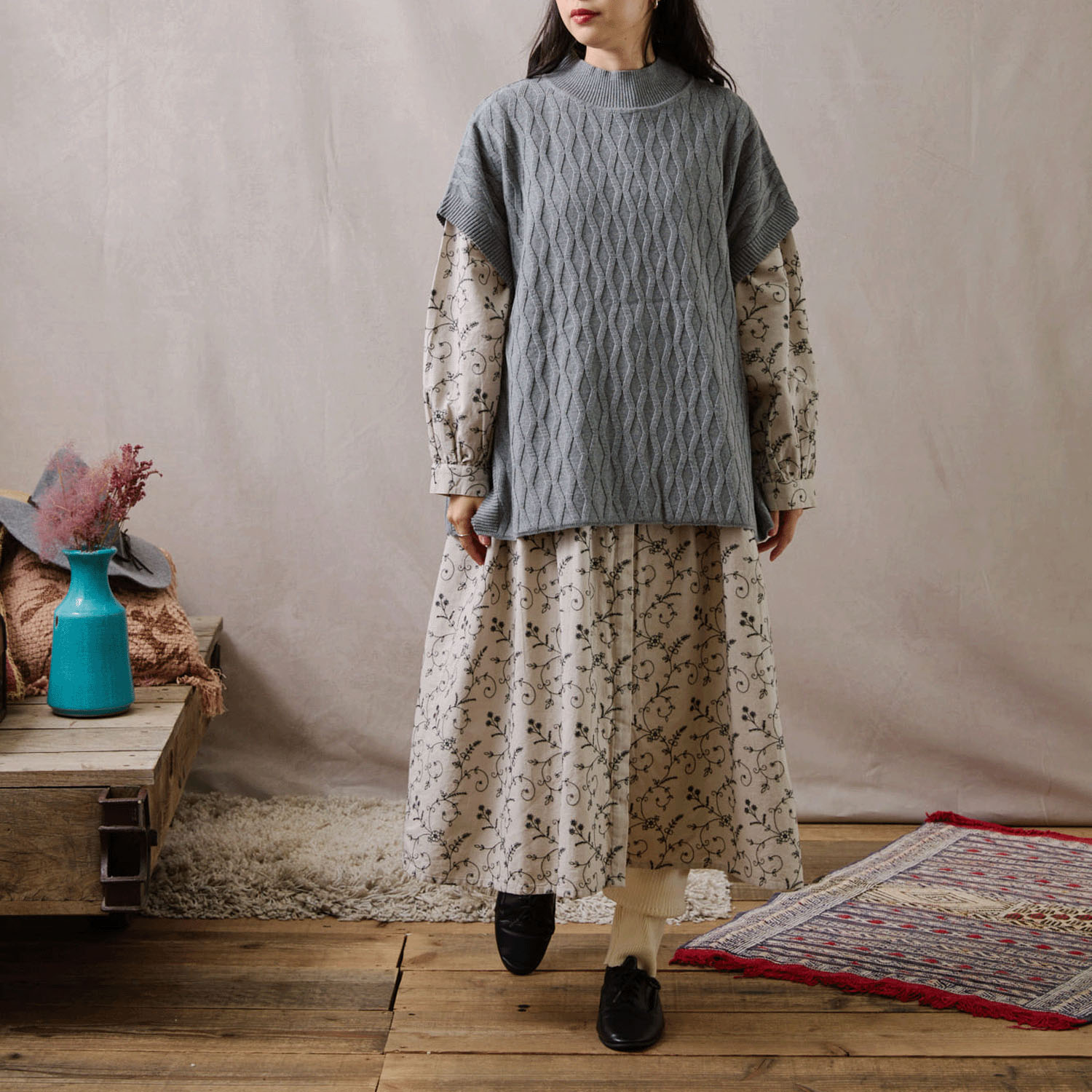 teMite 綿ニット模様編みベスト - 画像3