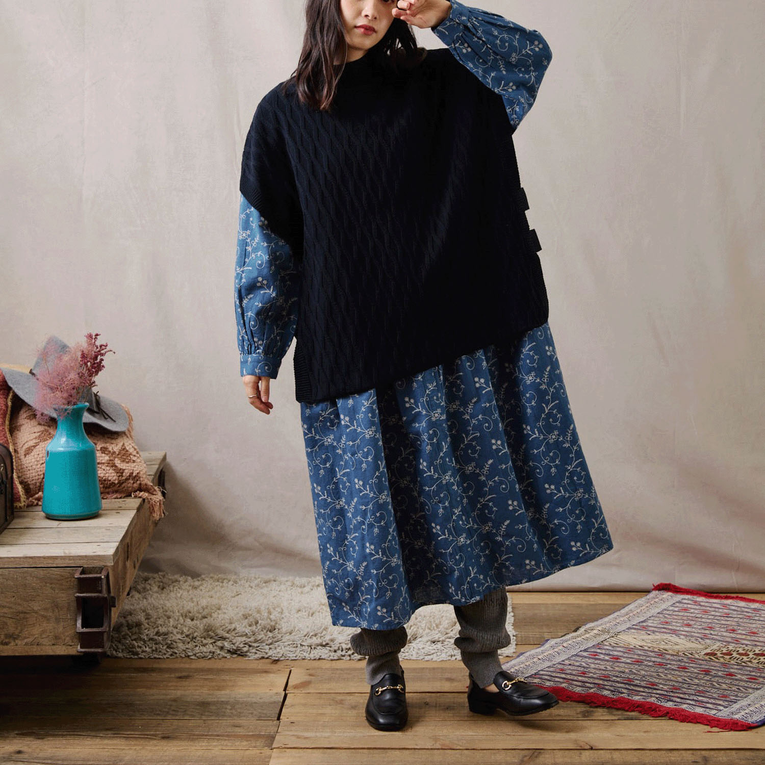 teMite 綿ニット模様編みベスト - 画像6