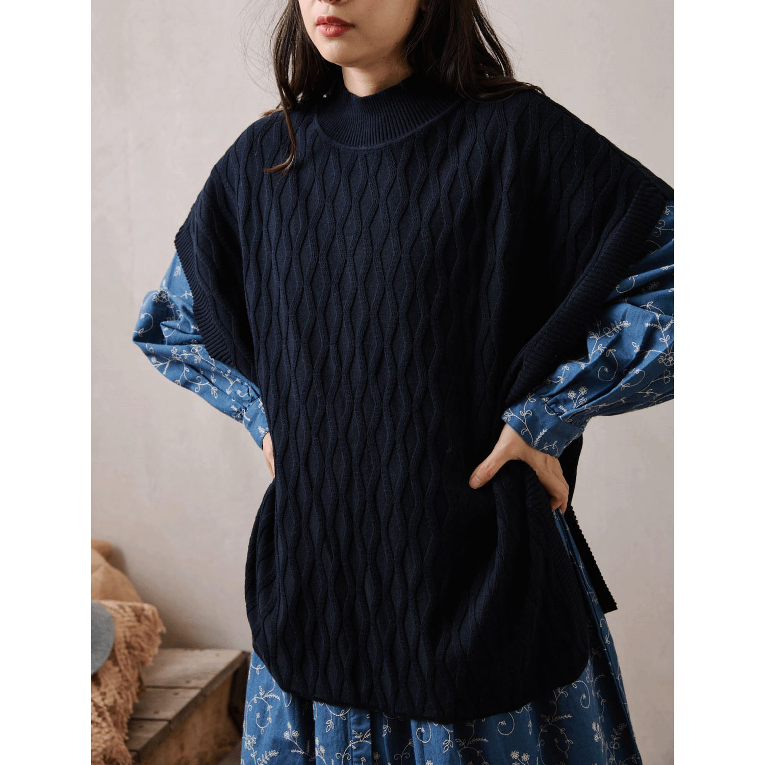 teMite 綿ニット模様編みベスト - 画像8