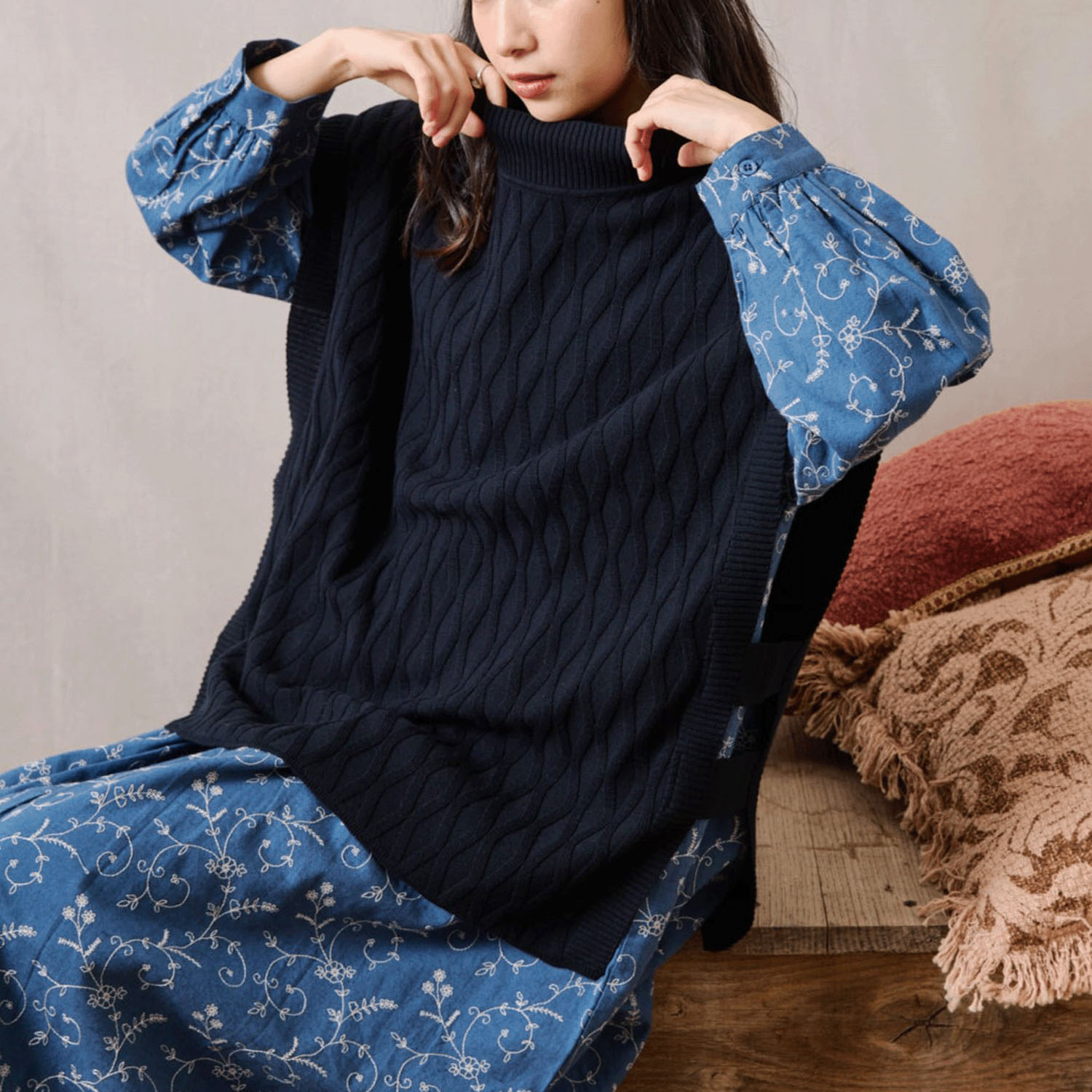 teMite 綿ニット模様編みベスト