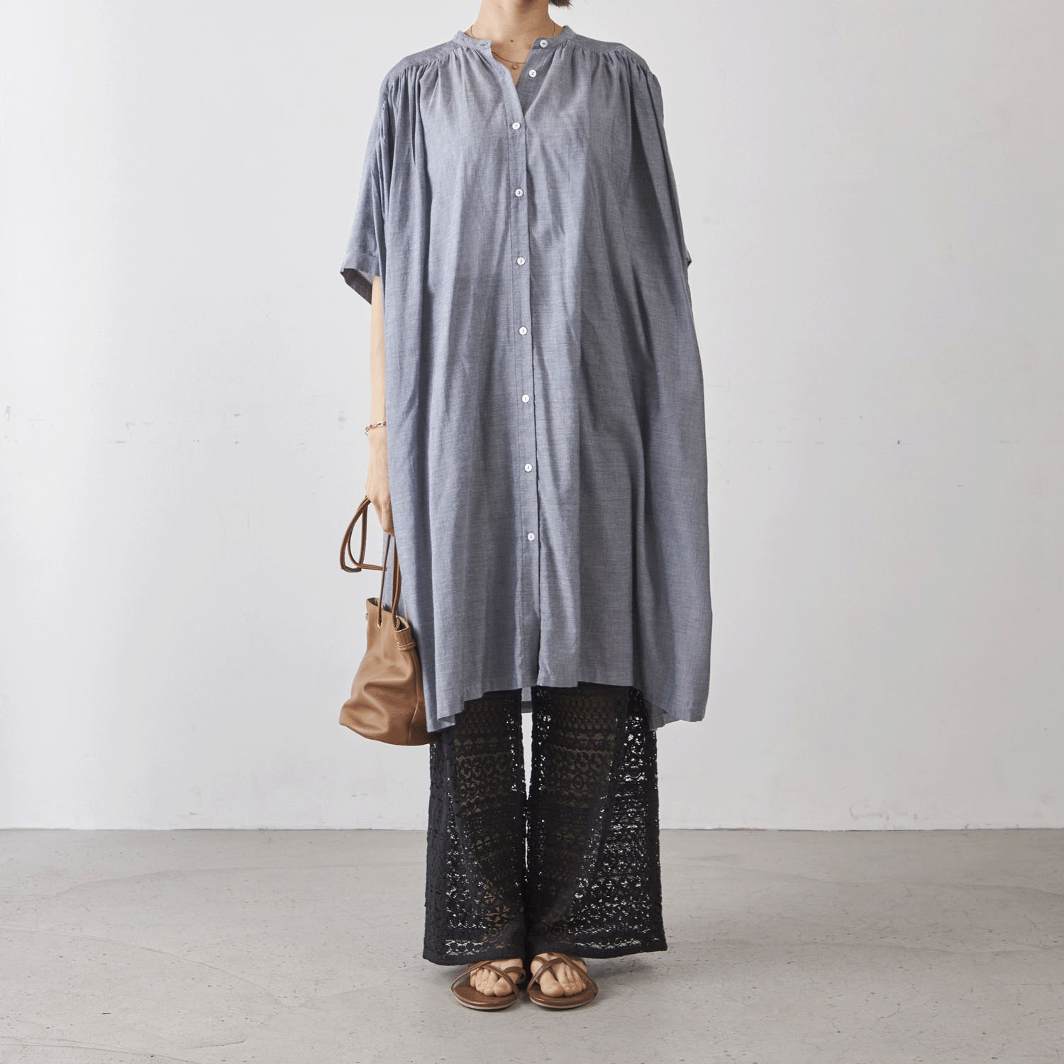 Fanaka 先染めギャザー前開きワンピース - 画像8