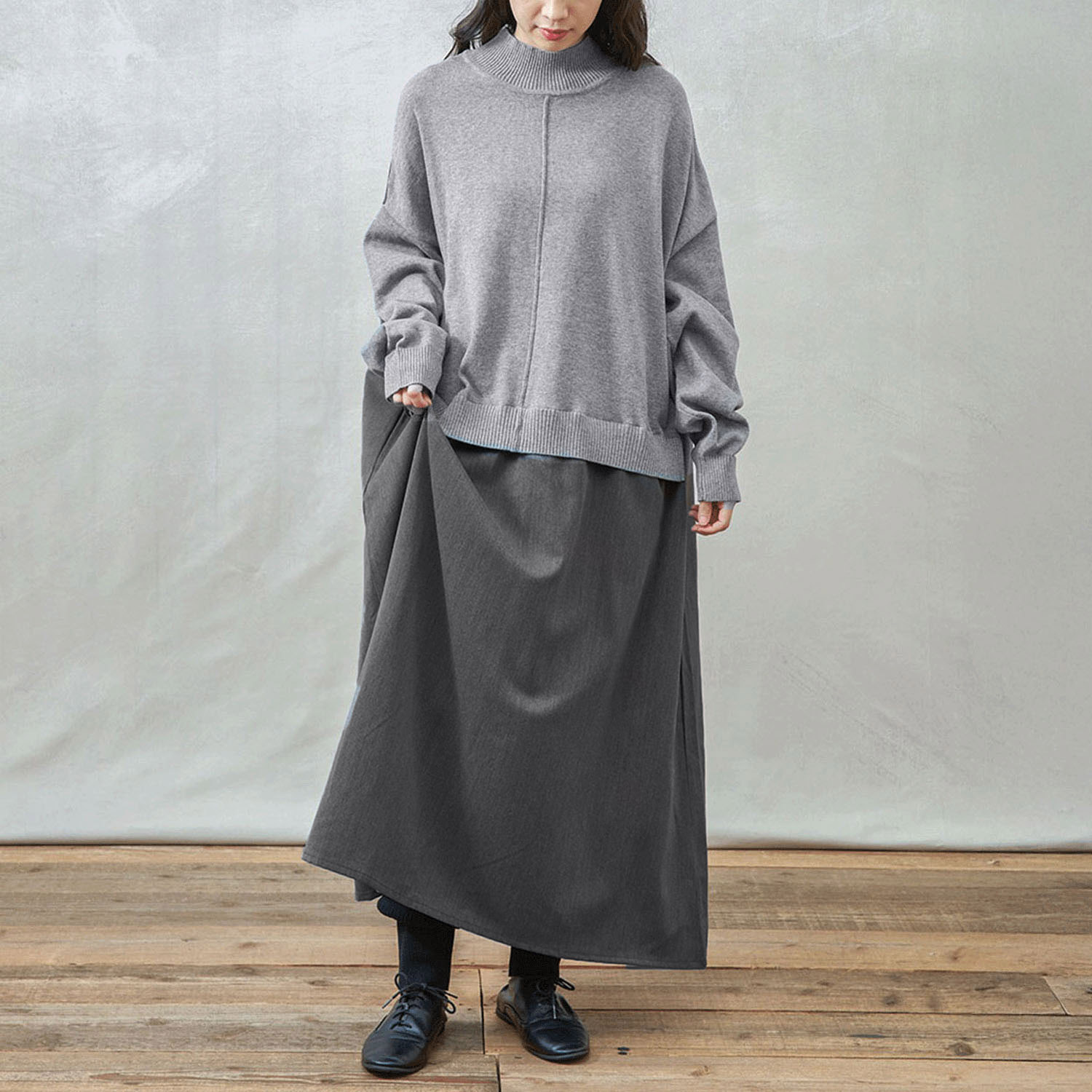 【Insta Live】teMite ニット×布帛ドッキングワンピース - 画像2