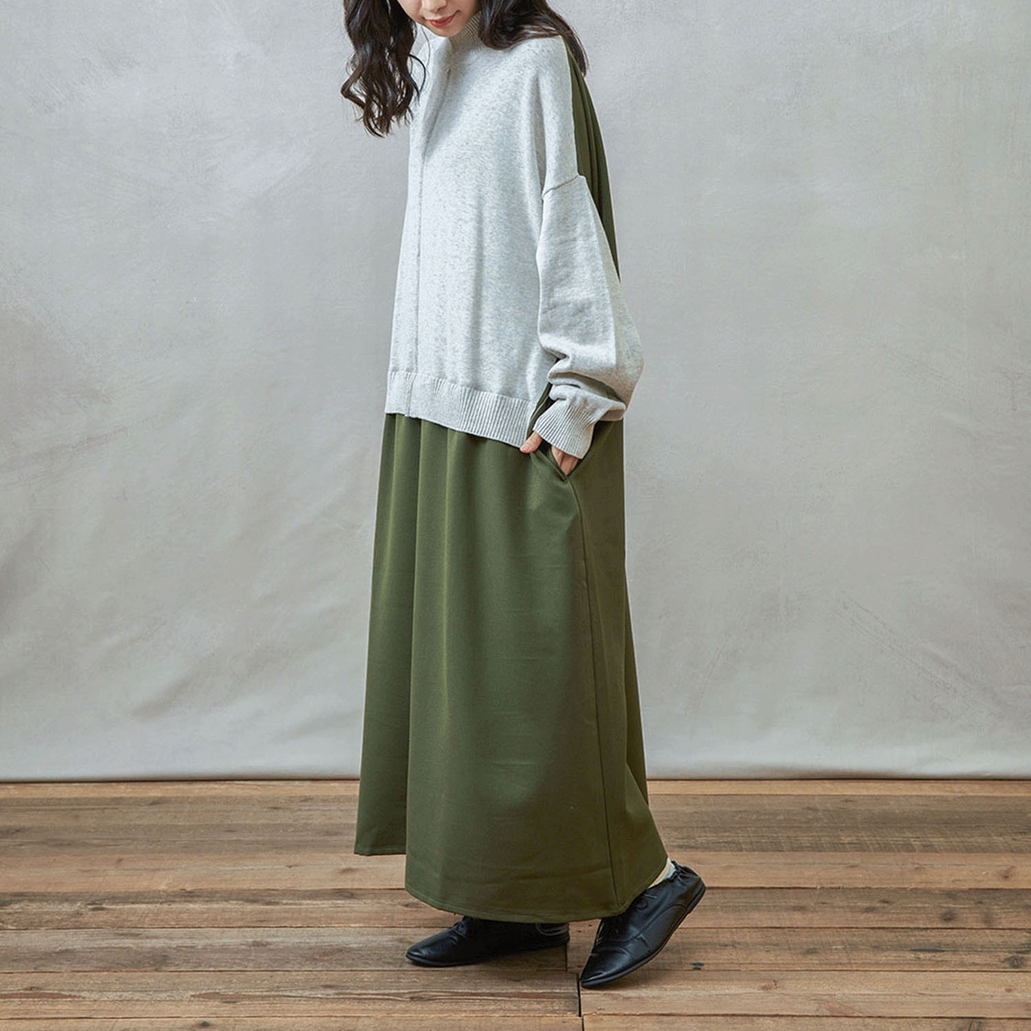 【Insta Live】teMite ニット×布帛ドッキングワンピース - 画像17