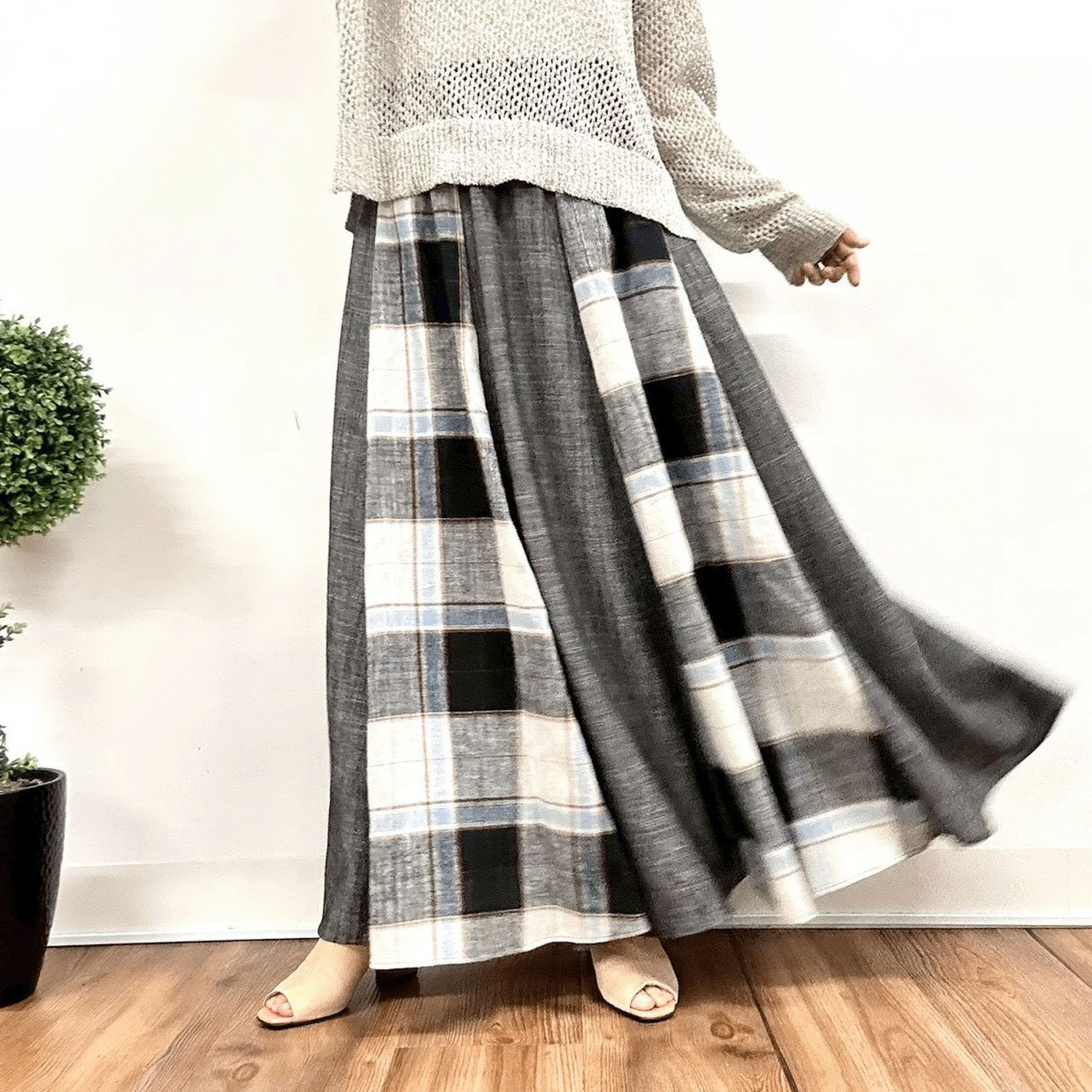 MONiLE 麻混チェック＆無地コンビスカート - 画像3