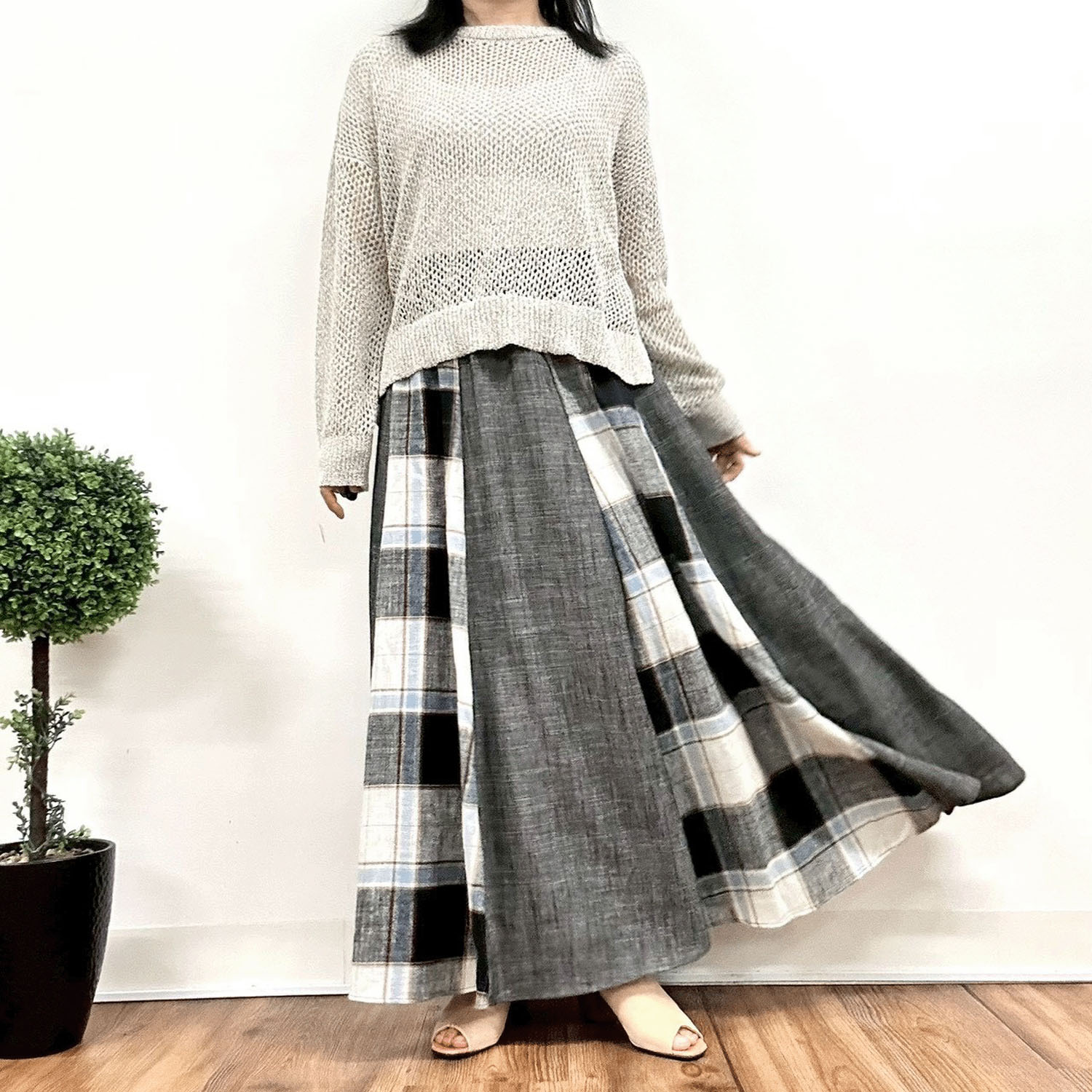 MONiLE 麻混チェック＆無地コンビスカート - 画像5